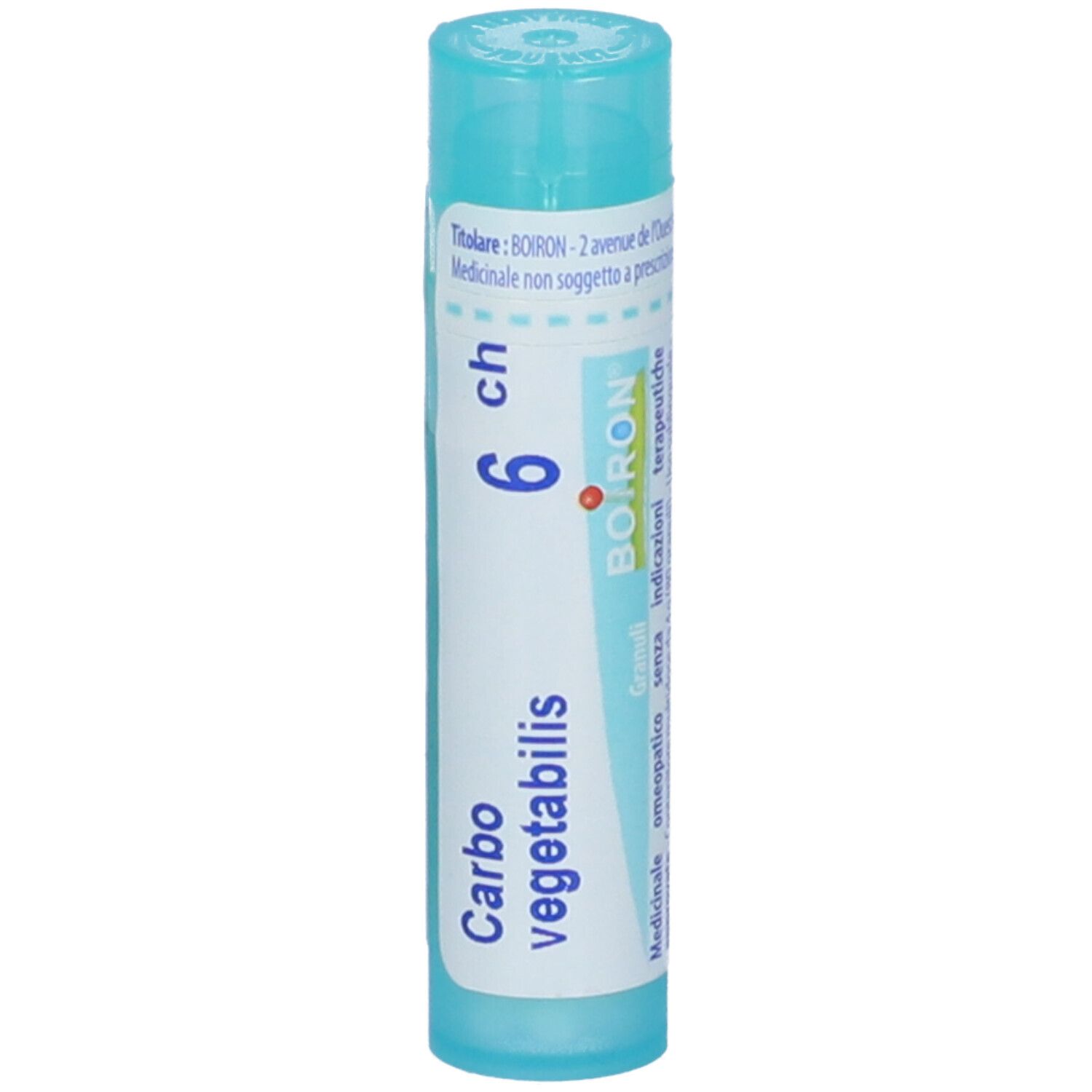 Confezione cilindrica Boiron Carbonicum O Vegetabilis 6Ch Granuli. Scritta: Carbo vegetabilis, 6 ch, Boiron. Colore turchese.