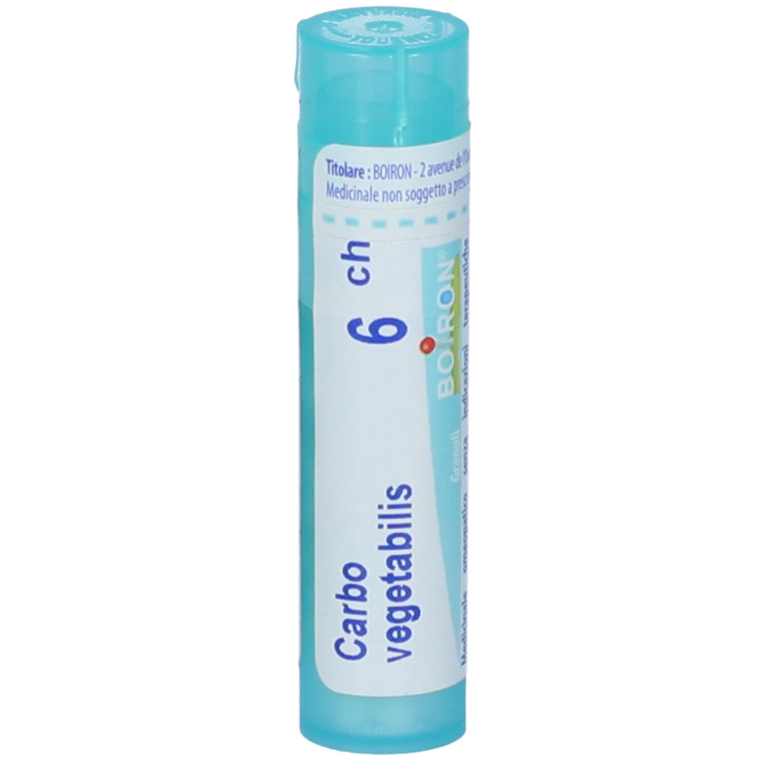 Confezione cilindrica Boiron Carbonicum O Vegetabilis 6Ch Granuli. Scritta: Carbo vegetabilis, 6 ch, Boiron. Turchese.