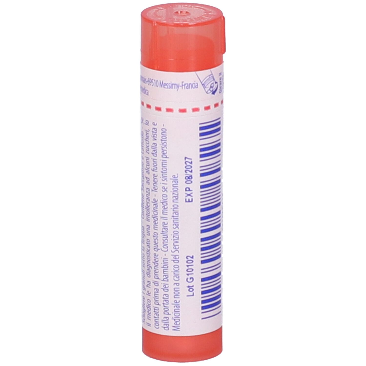 Flacone cilindrico, tappo rosa. Scritta: EXP 08/2027. Altri testi.
