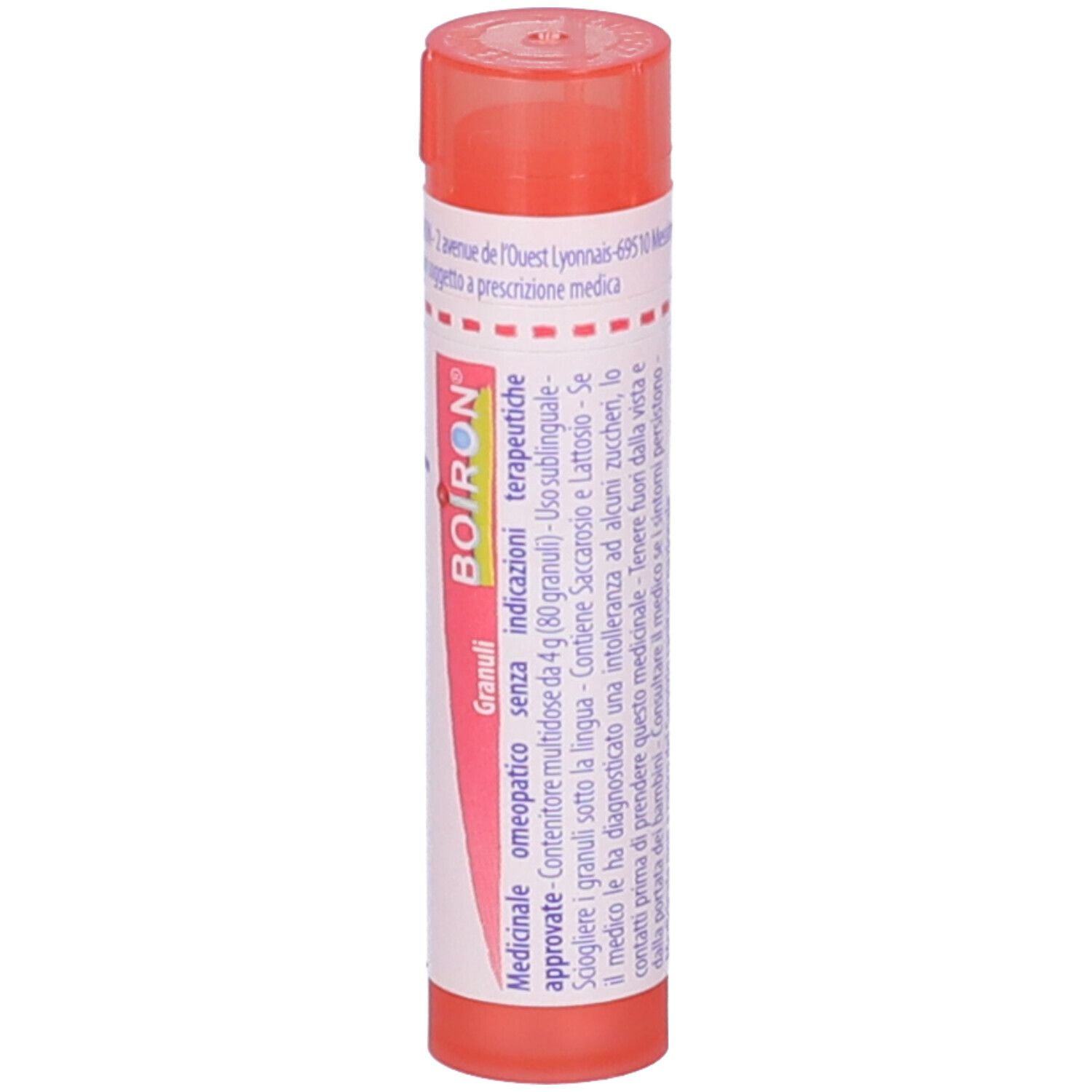 Flacone cilindrico, tappo rosa. Scritta: BOIRON, Granuli. Altri testi.
