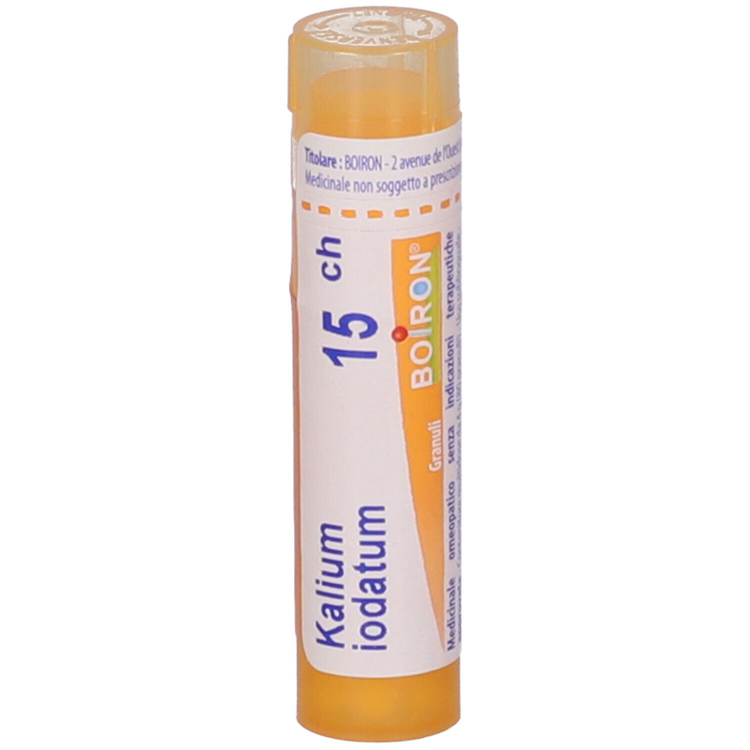Confezione cilindrica con "Kalium iodatum 15 ch" e logo "Boiron". Etichetta giallo-bianca.