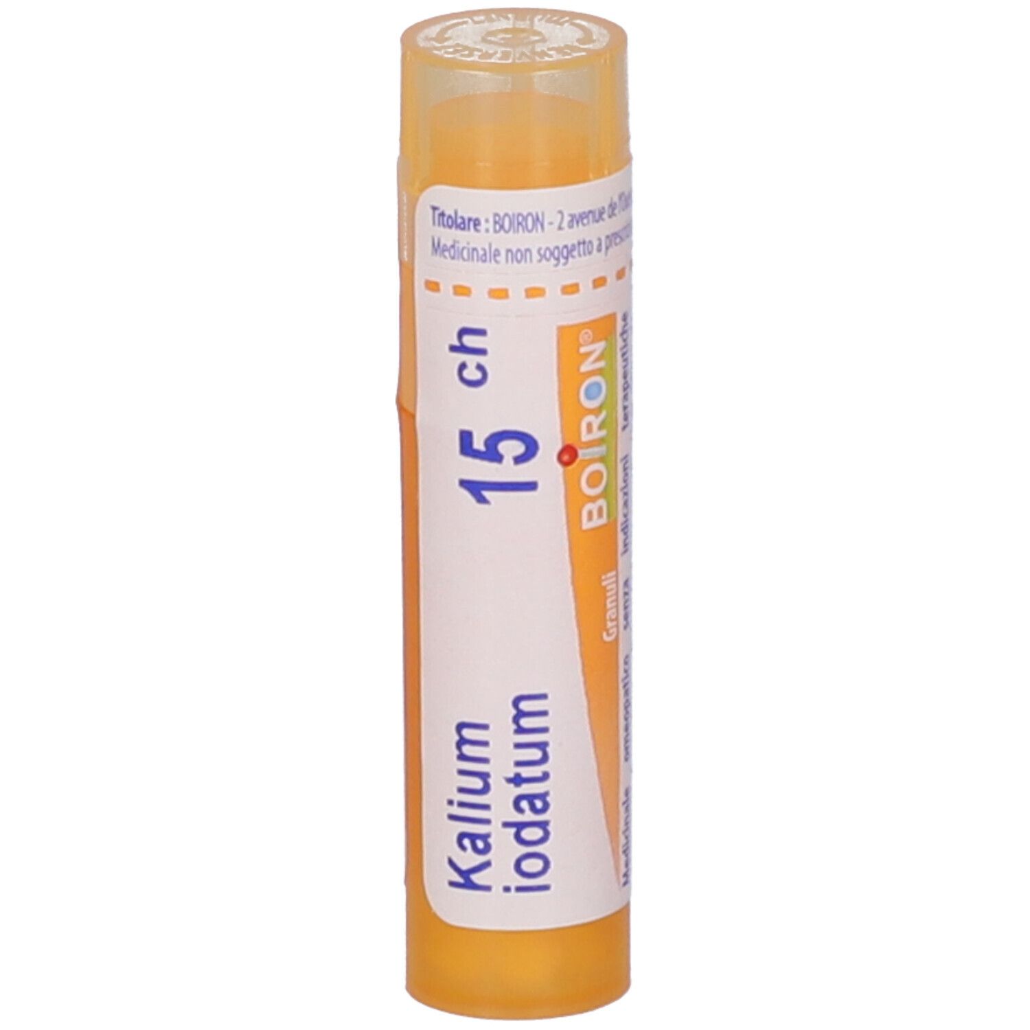 Confezione cilindrica con "Kalium iodatum 15 ch" e logo "Boiron". Etichetta giallo-bianca.