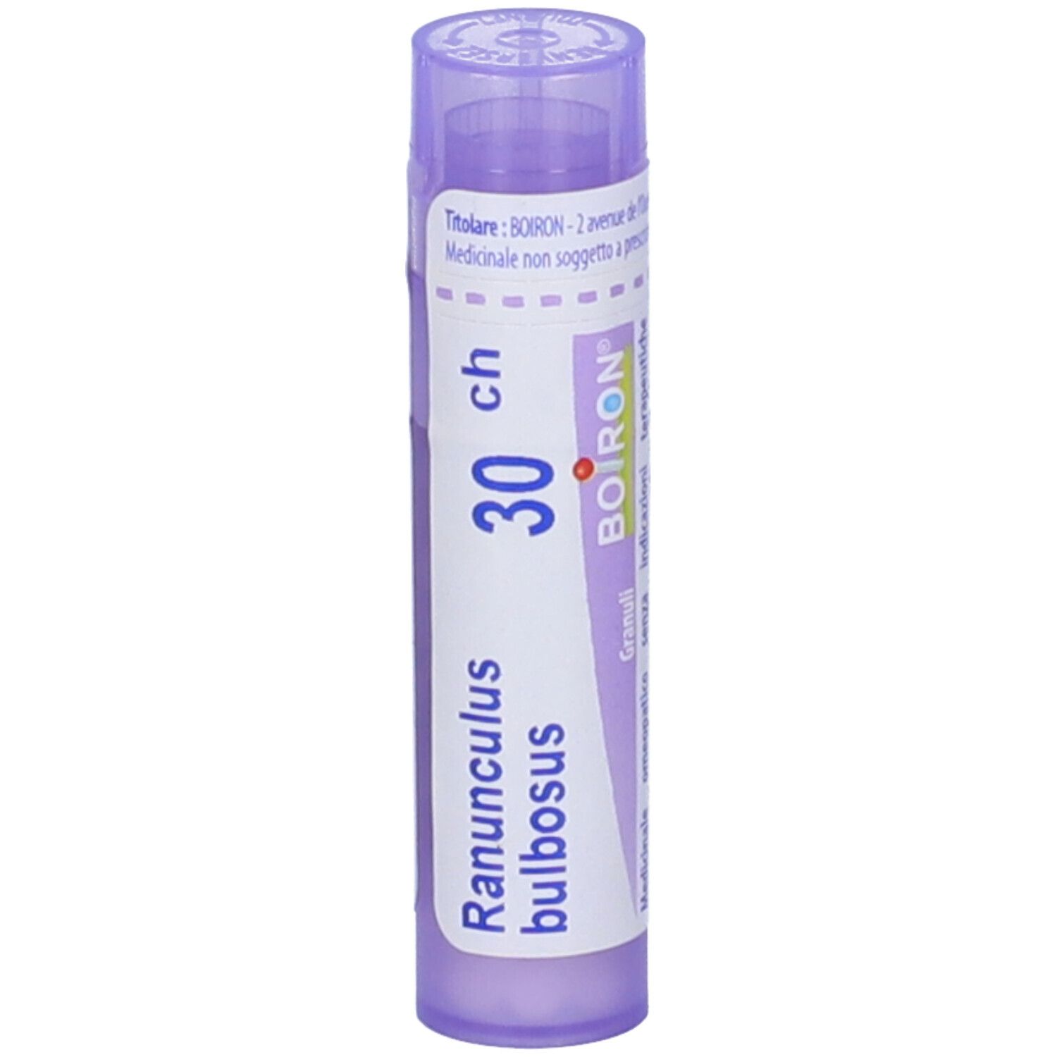 Confezione cilindrica BOIRON® Ranunculus bulbosus 30Ch Granuli. Tappo viola. Etichetta con informazioni.