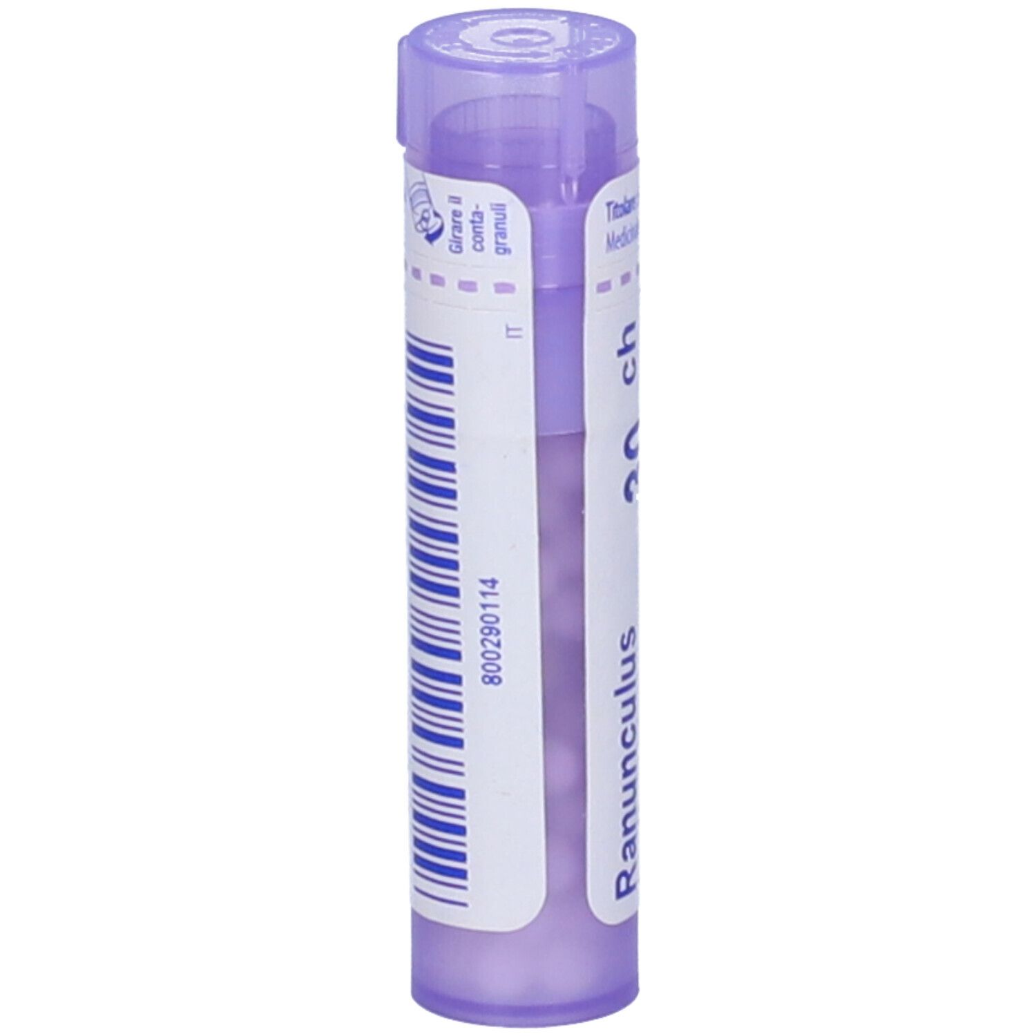 Confezione cilindrica BOIRON® Ranunculus bulbosus 30Ch Granuli. Tappo viola. Etichetta con informazioni e codice a barre.
