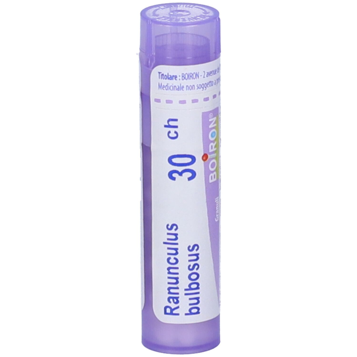 Confezione cilindrica BOIRON® Ranunculus bulbosus 30Ch Granuli. Tappo viola. Etichetta con informazioni.