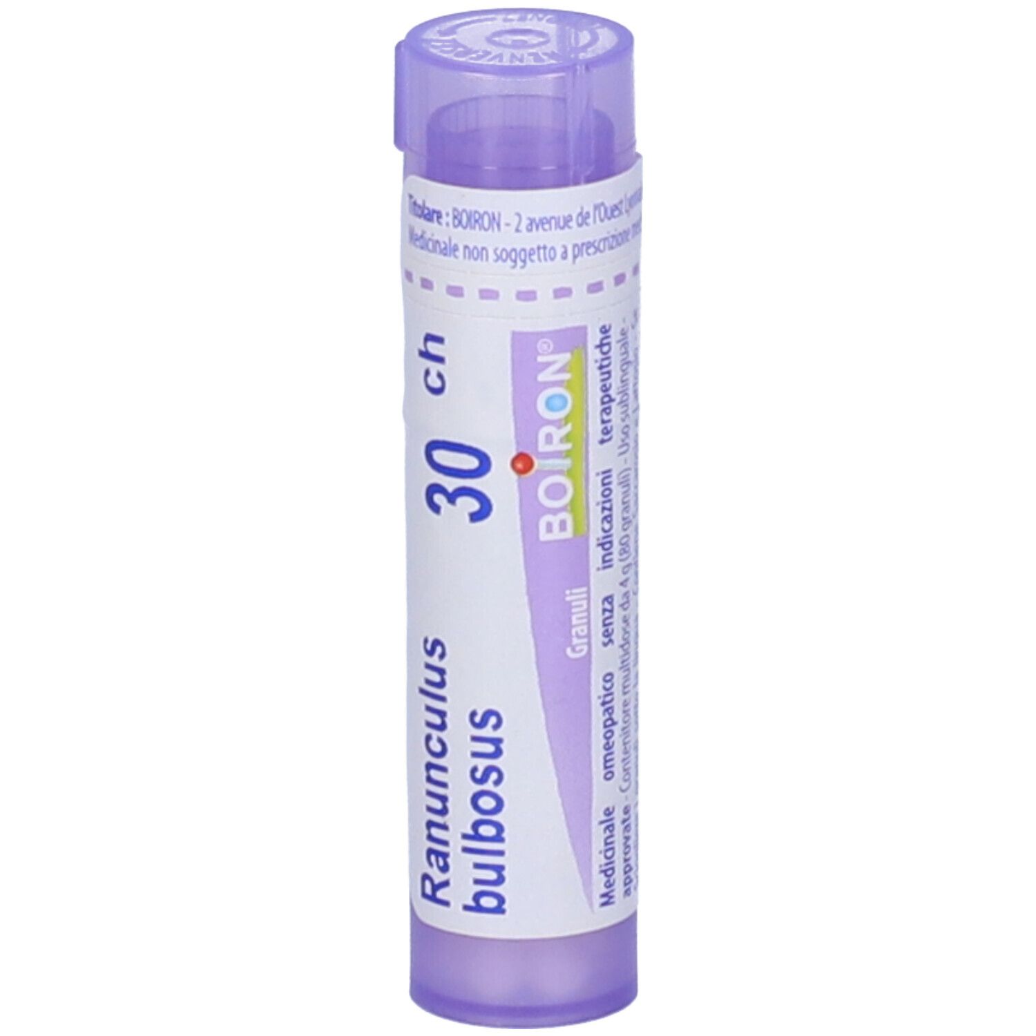 Confezione cilindrica BOIRON® Ranunculus bulbosus 30Ch Granuli. Tappo viola. Etichetta con informazioni.