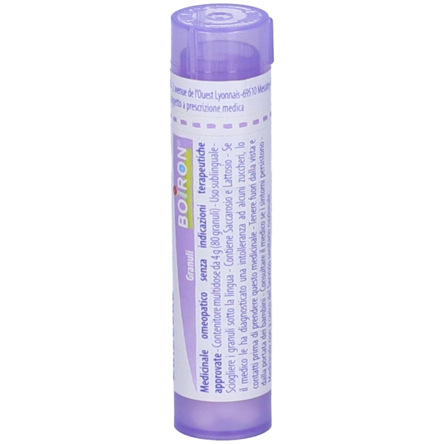 Confezione cilindrica BOIRON® Ranunculus bulbosus 30Ch Granuli. Tappo viola. Etichetta con informazioni.