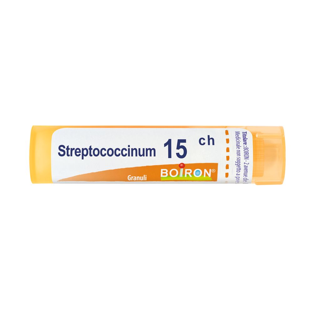 Tubo giallo con etichetta bianca. Scritta: Streptococcinum 15 ch, Granuli, BOIRON.