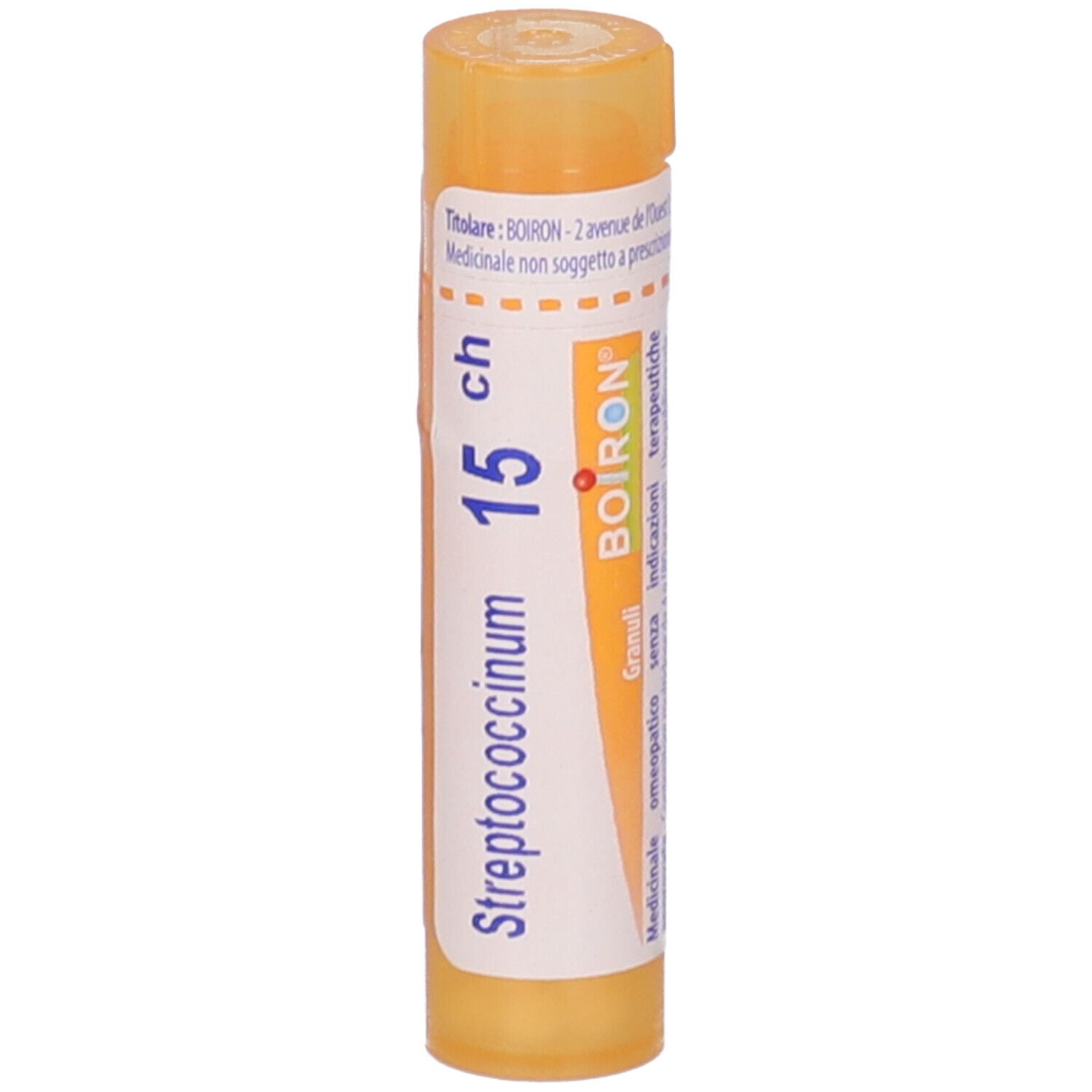 Tubo giallo con etichetta bianca. Scritta: Streptococcinum 15 ch, BOIRON. Granuli.