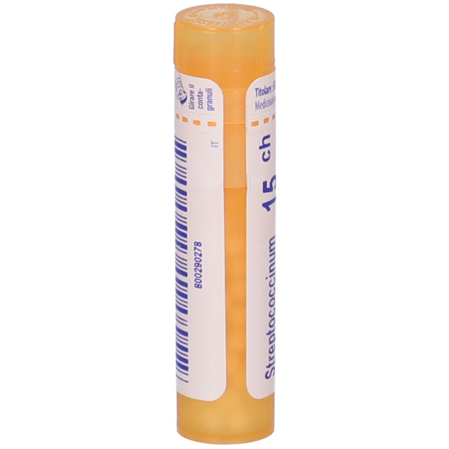 Tubo giallo con etichetta bianca. Scritta: Streptococcinum 15 ch, BOIRON. Codice a barre.
