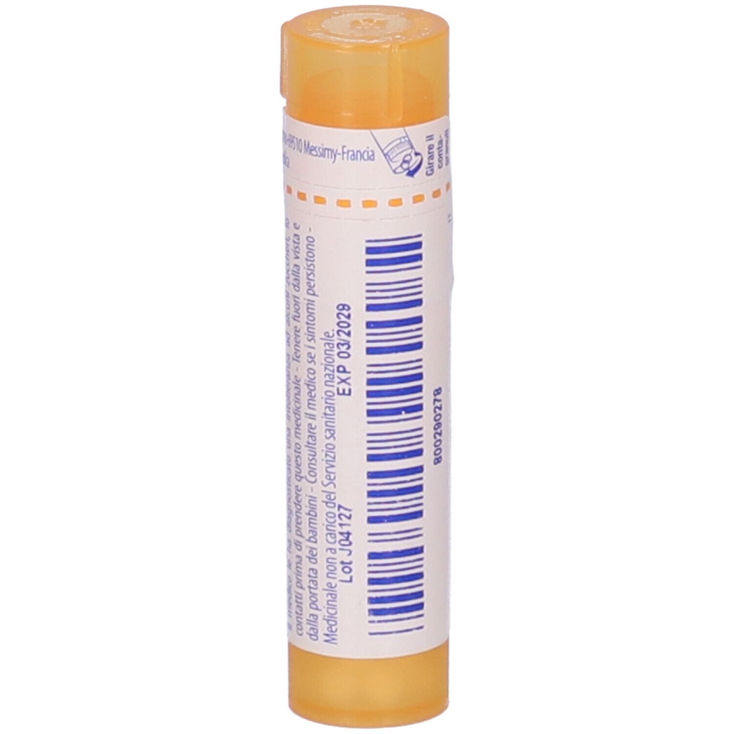 Tubo giallo con etichetta bianca. Scritta: Streptococcinum 15 ch, BOIRON. Scadenza.
