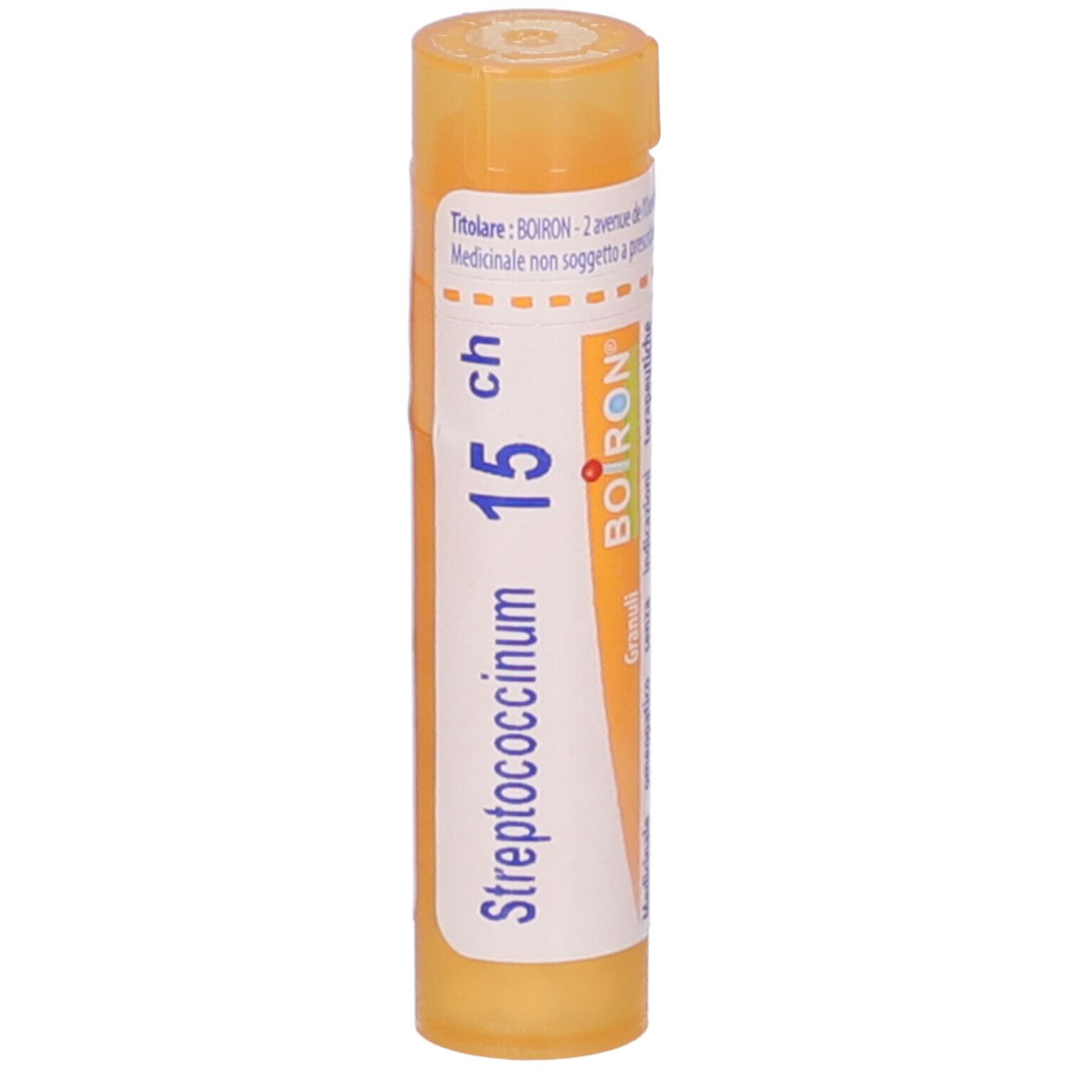 Tubo giallo con etichetta bianca. Scritta: Streptococcinum 15 ch, BOIRON. Granuli.