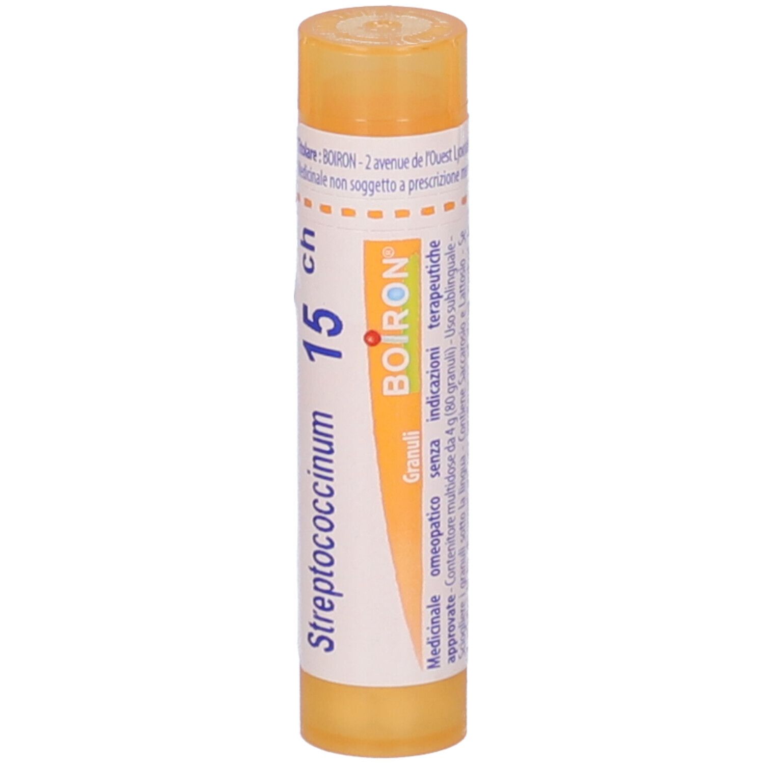 Tubo giallo con etichetta bianca. Scritta: Streptococcinum 15 ch, BOIRON. Granuli.