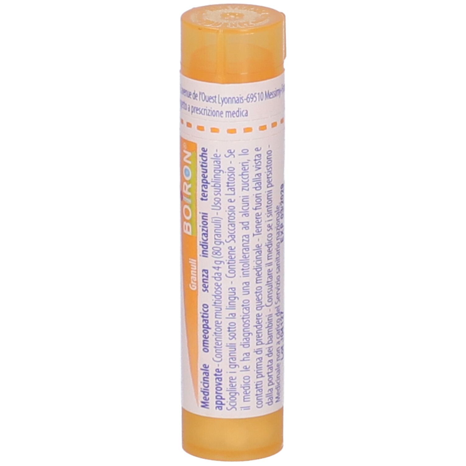 Tubo giallo con etichetta bianca. Scritta: Streptococcinum 15 ch, BOIRON. Granuli.
