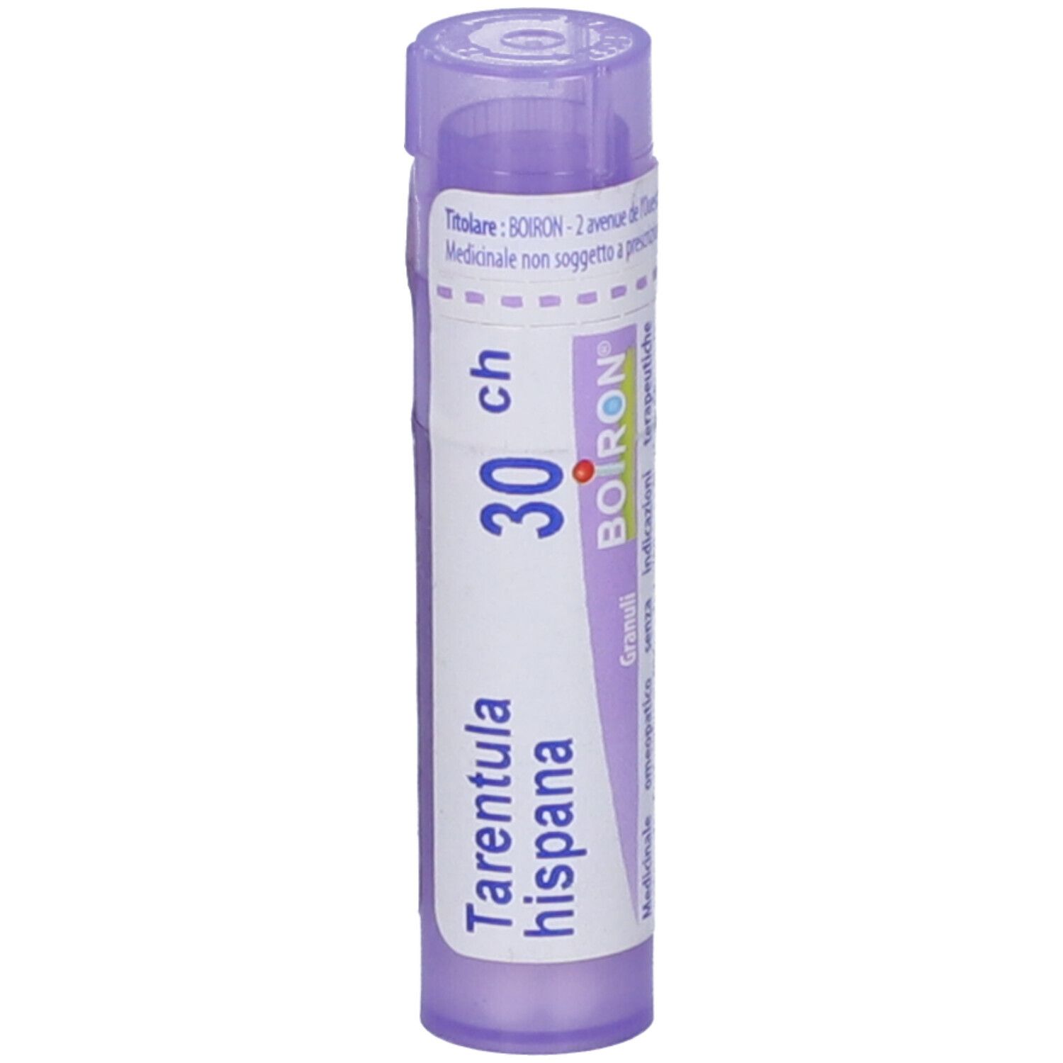 Tubo viola con etichetta bianca. Scritta: Tarentula hispana, 30 ch, BOIRON, Granuli. Coperchio in alto.