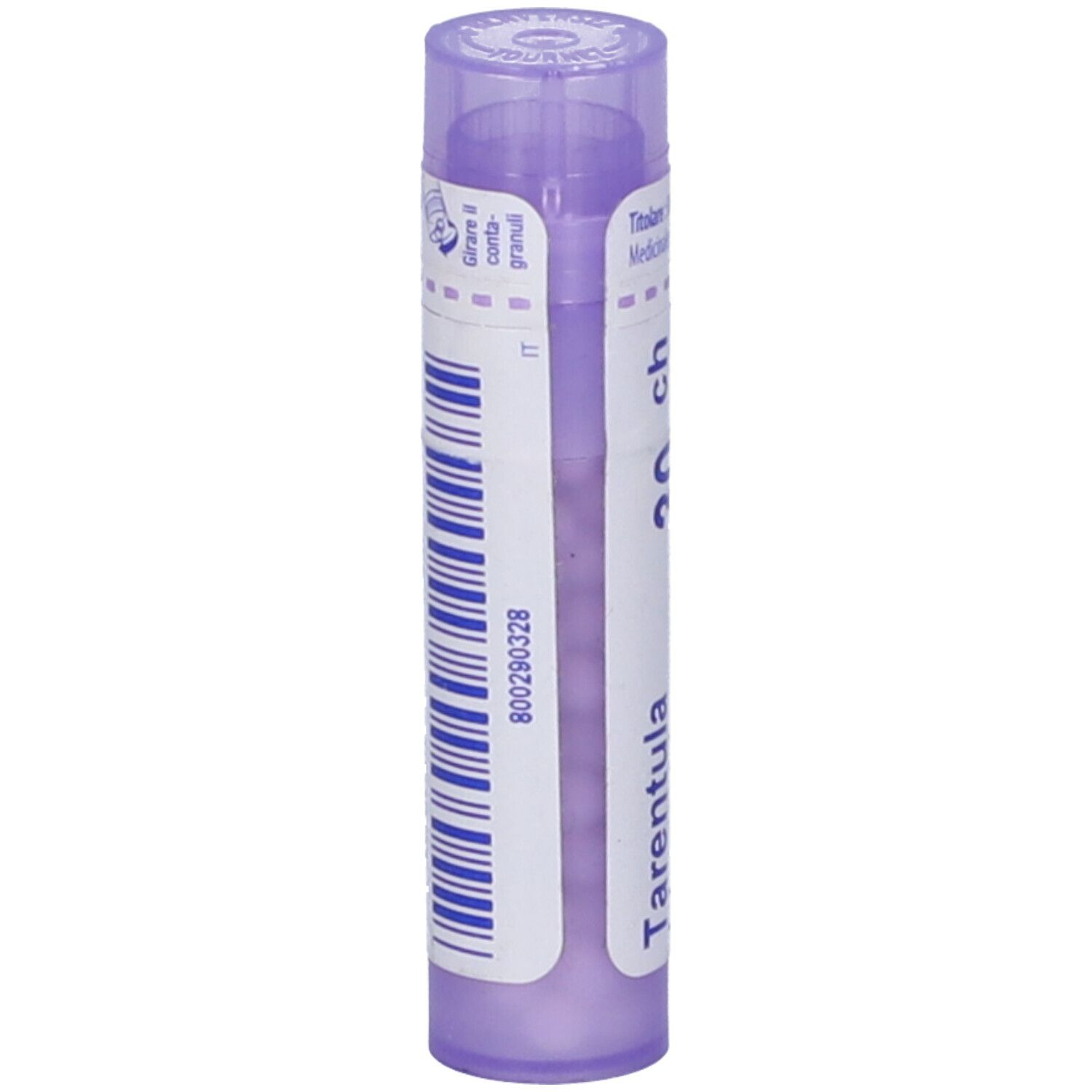 Tubo viola con etichetta bianca. Scritta: Tarentula hispana, 30 ch, BOIRON, Granuli. Codice a barre.