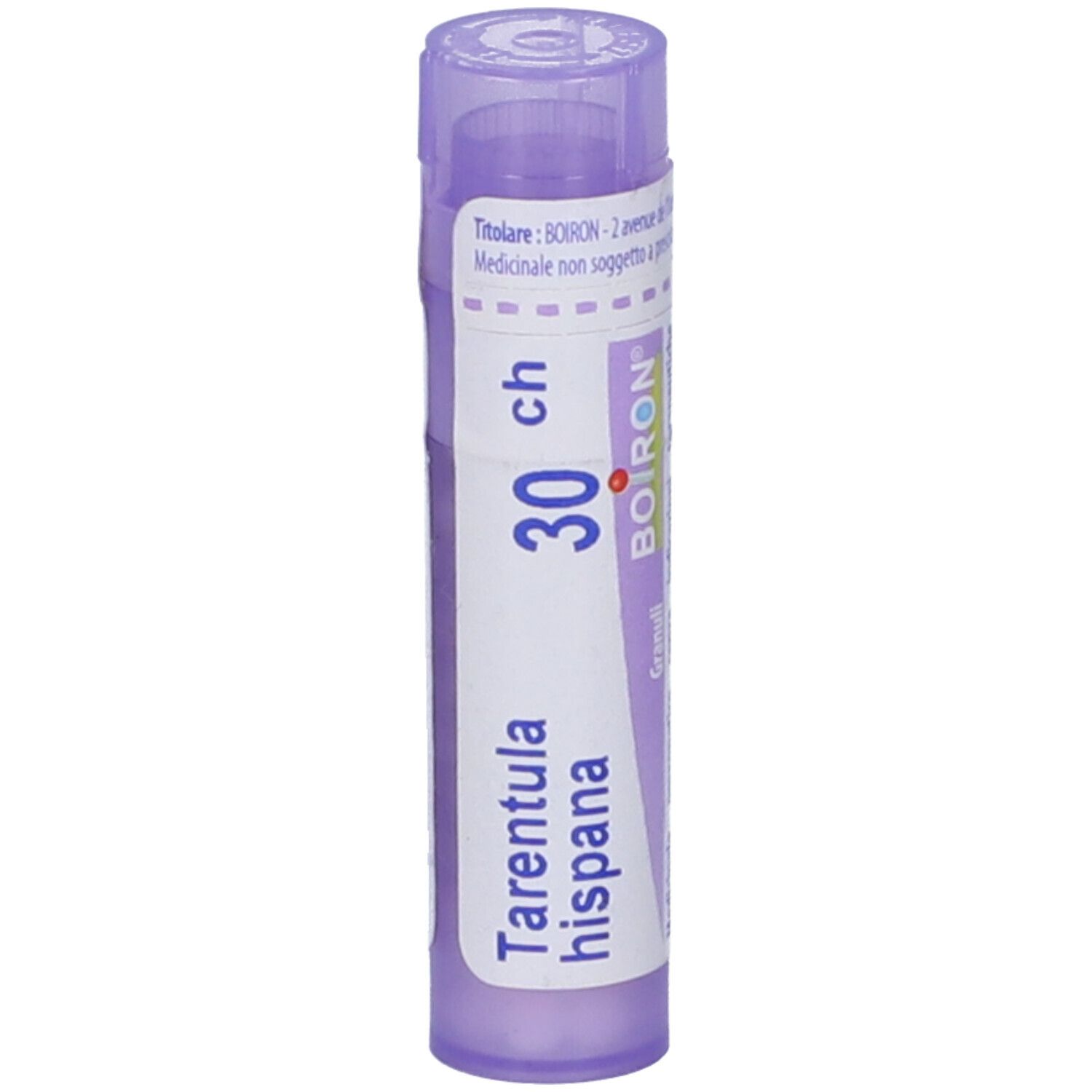 Tubo viola con etichetta bianca. Scritta: Tarentula hispana, 30 ch, BOIRON, Granuli. Logo BOIRON.