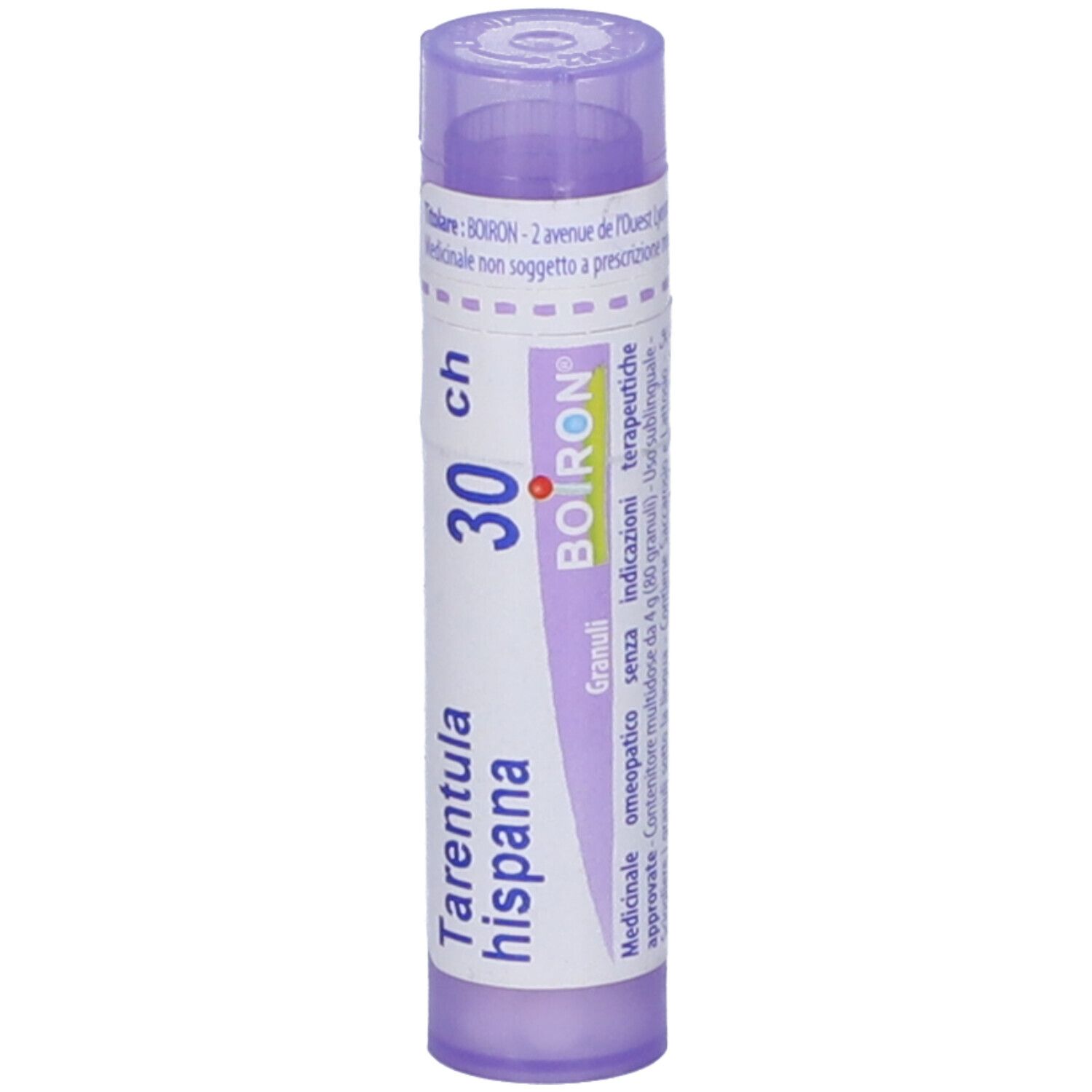 Tubo viola con etichetta bianca. Scritta: Tarentula hispana, 30 ch, BOIRON, Granuli. Informazioni dettagliate.