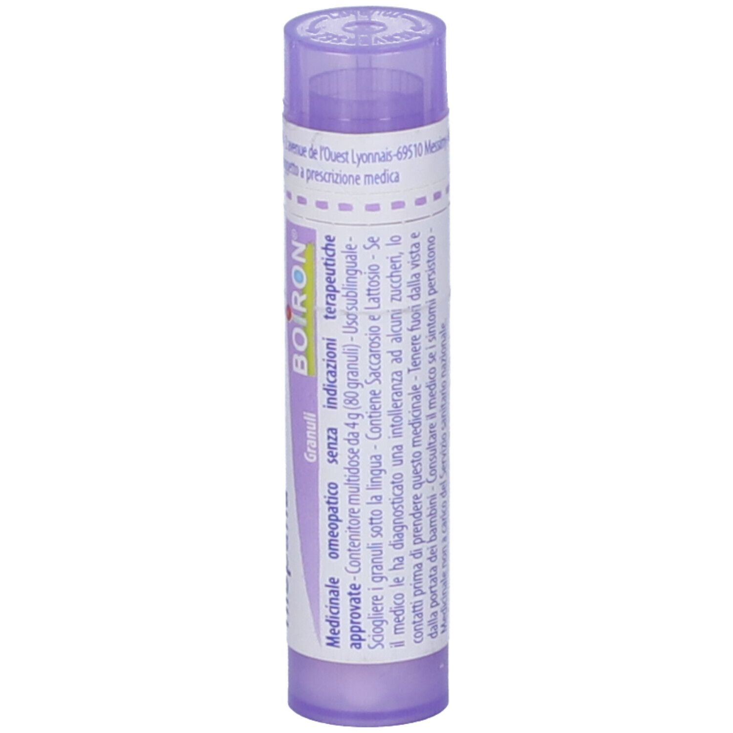Tubo viola con etichetta bianca. Scritta: Tarentula hispana, 30 ch, BOIRON, Granuli. Informazioni aggiuntive.