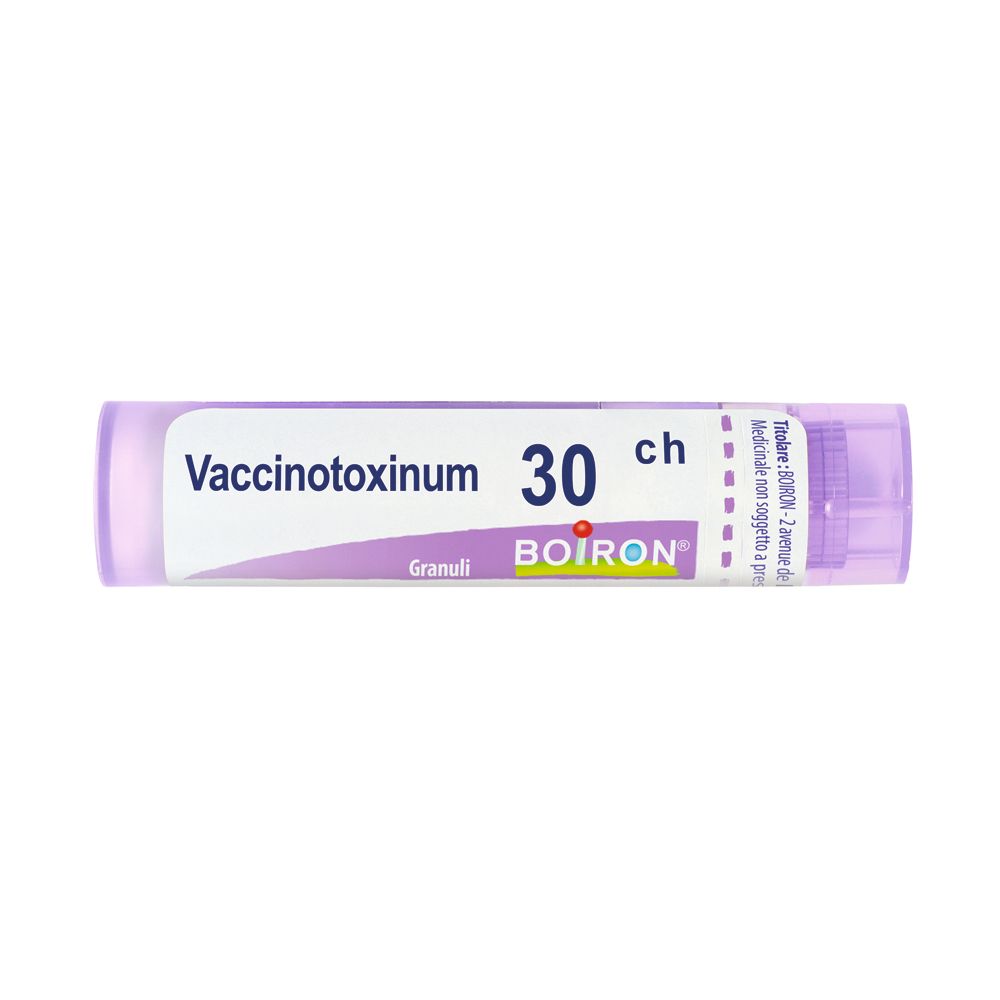 Confezione cilindrica di BOIRON Vaccinotoxinum 30 ch Granuli. Etichetta bianca con nome e marchio.