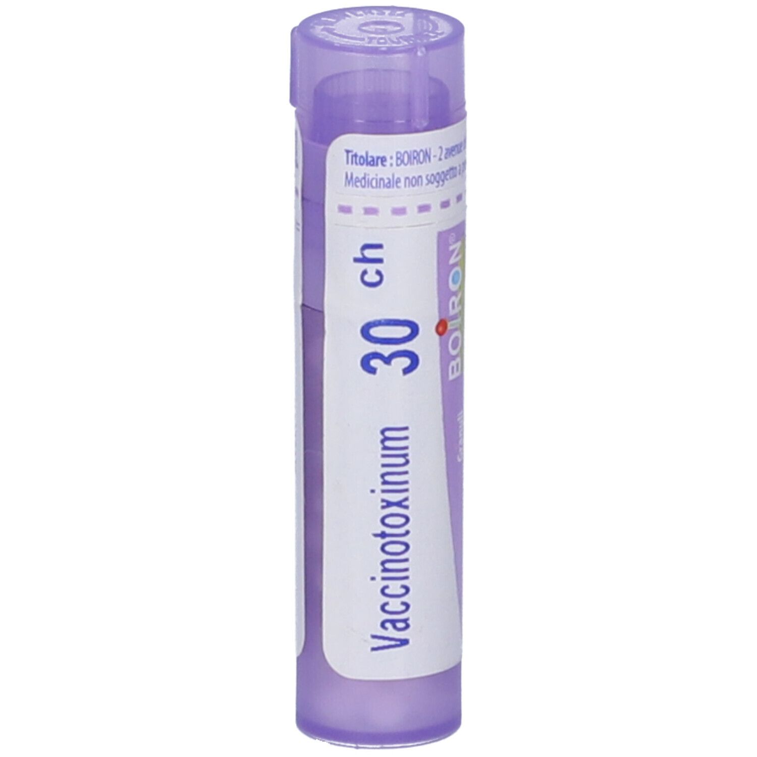 Confezione cilindrica BOIRON Vaccinotoxinum 30 ch. Tappo viola. Etichetta con nome, marchio e dosaggio.
