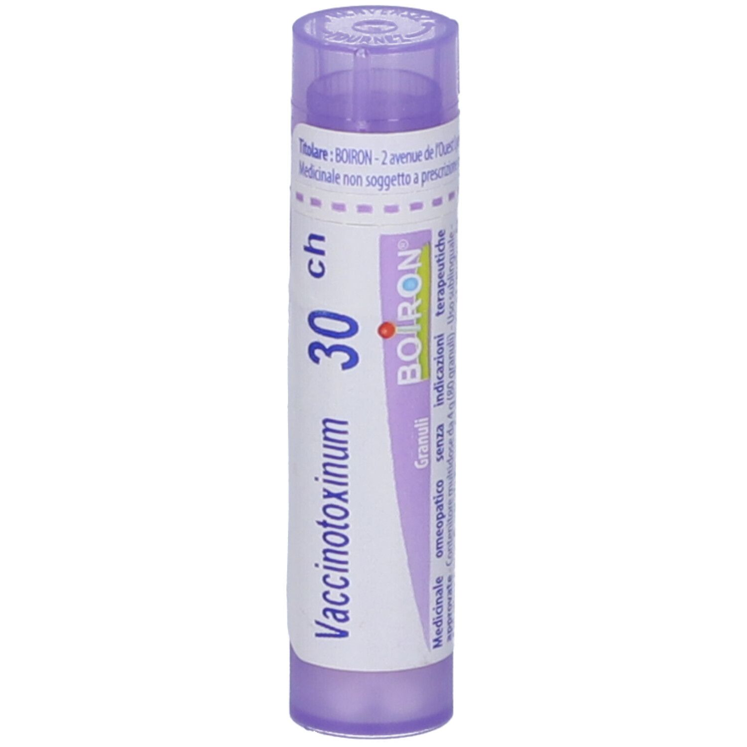 Confezione cilindrica BOIRON Vaccinotoxinum 30 ch. Tappo viola. Etichetta con nome, marchio e Granuli.