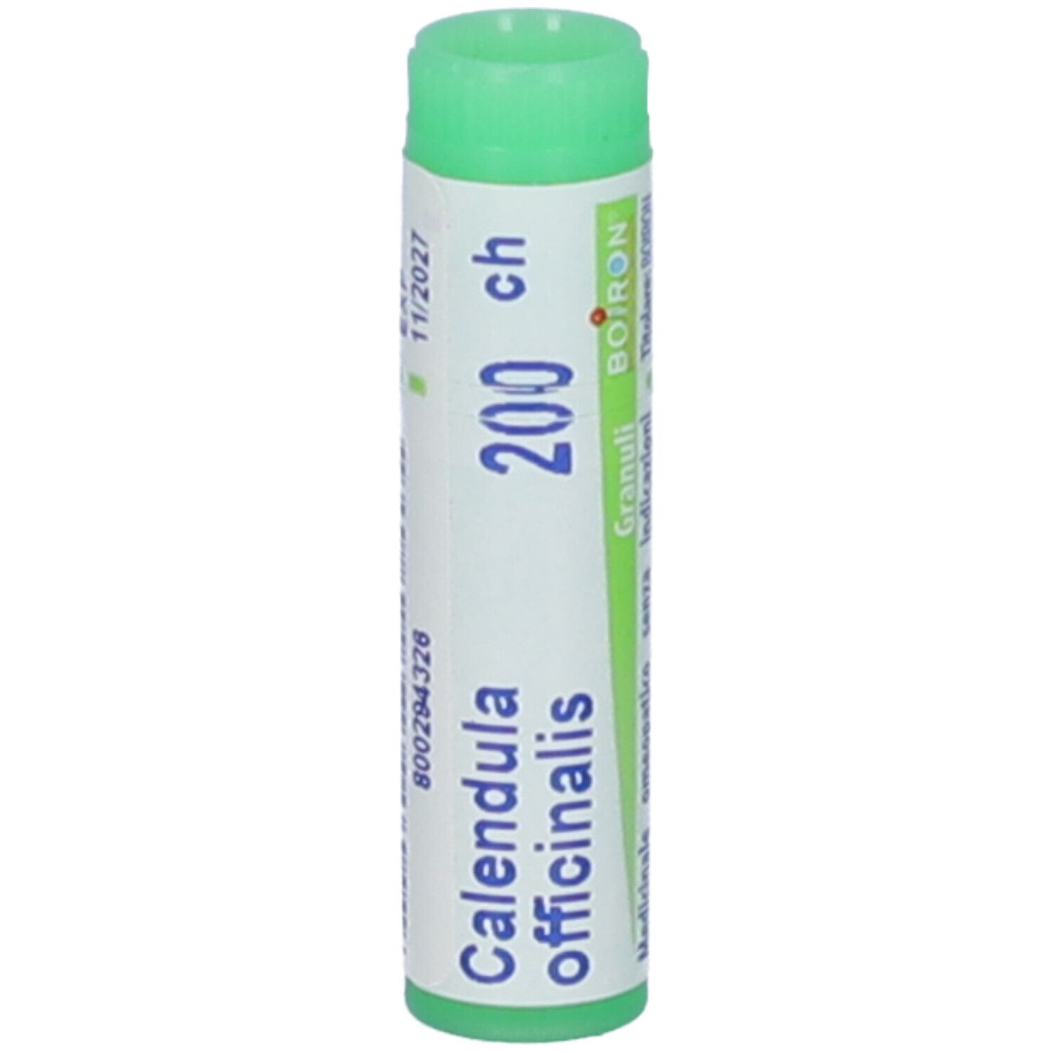 Confezione cilindrica con tappo verde. Scritta: Calendula officinalis, 200 ch, Boiron. Caratteri bianchi su sfondo bianco.