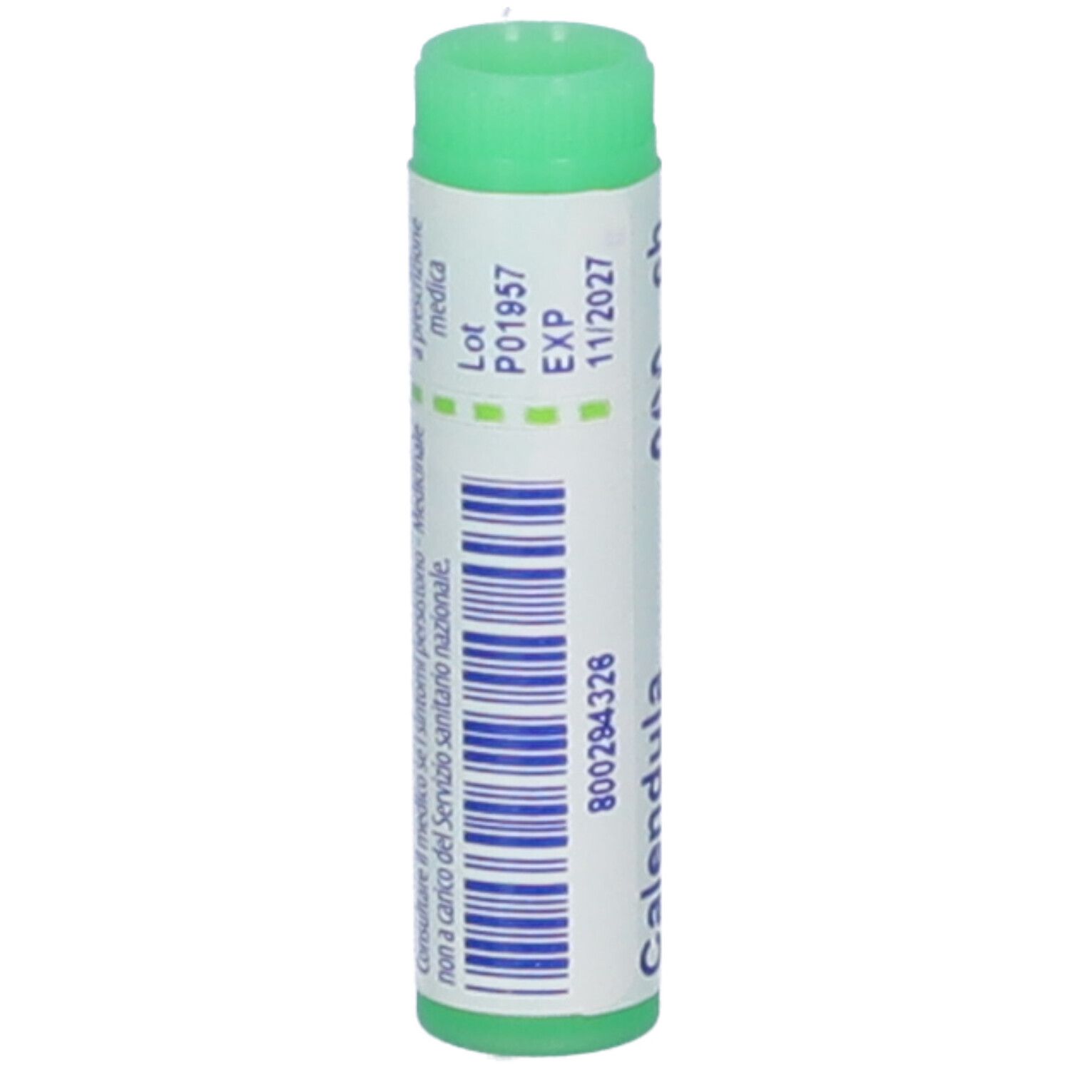 Confezione cilindrica con tappo verde. Scritta: Calendula, 200 ch, Boiron. Caratteri bianchi su sfondo bianco. Codice a barre.