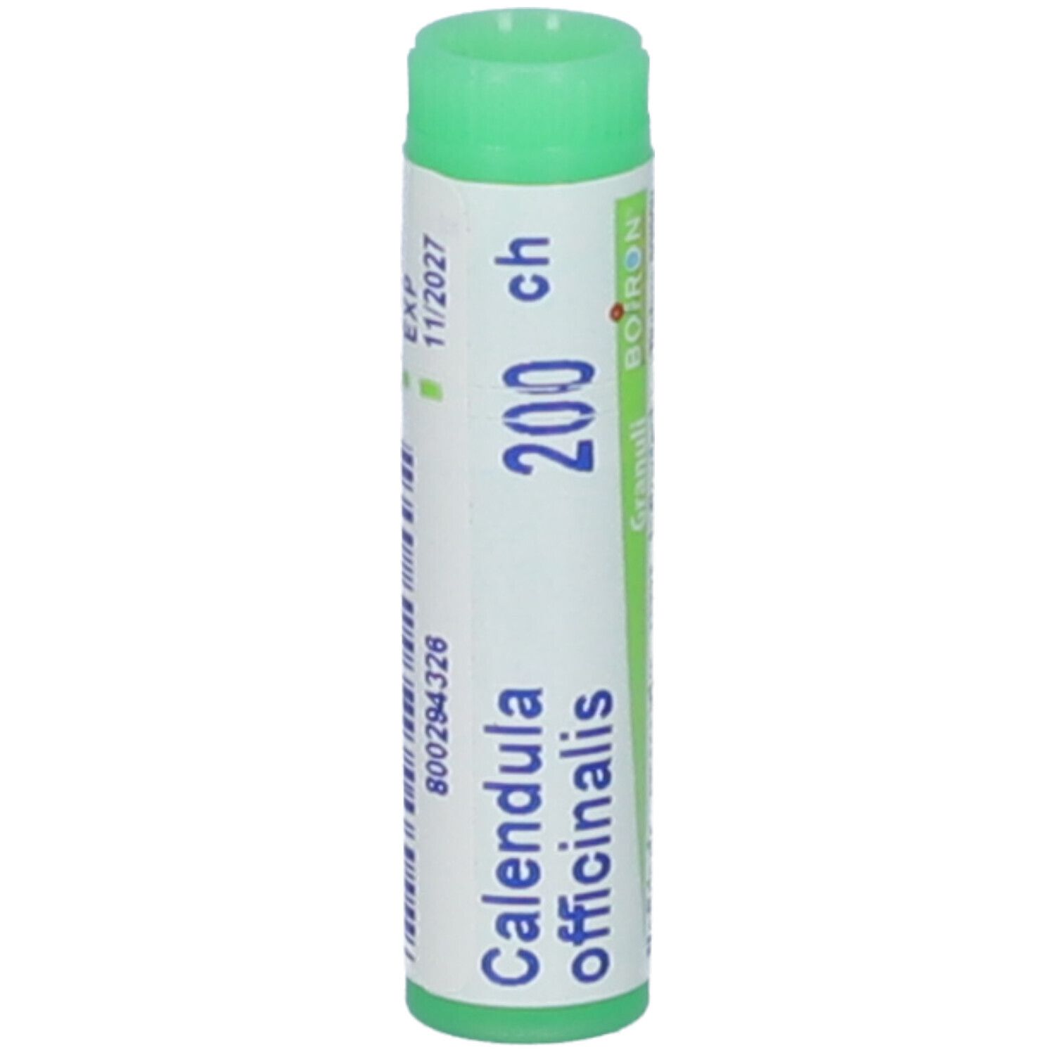 Confezione cilindrica con tappo verde. Scritta: Calendula officinalis, 200 ch, Boiron. Caratteri bianchi su sfondo bianco.
