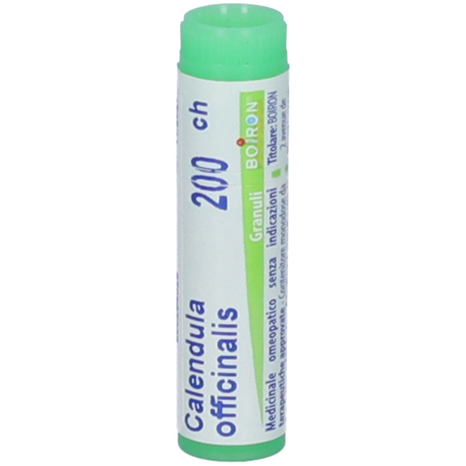 Confezione cilindrica con tappo verde. Scritta: Calendula officinalis, 200 ch, Boiron. Caratteri bianchi su sfondo bianco.