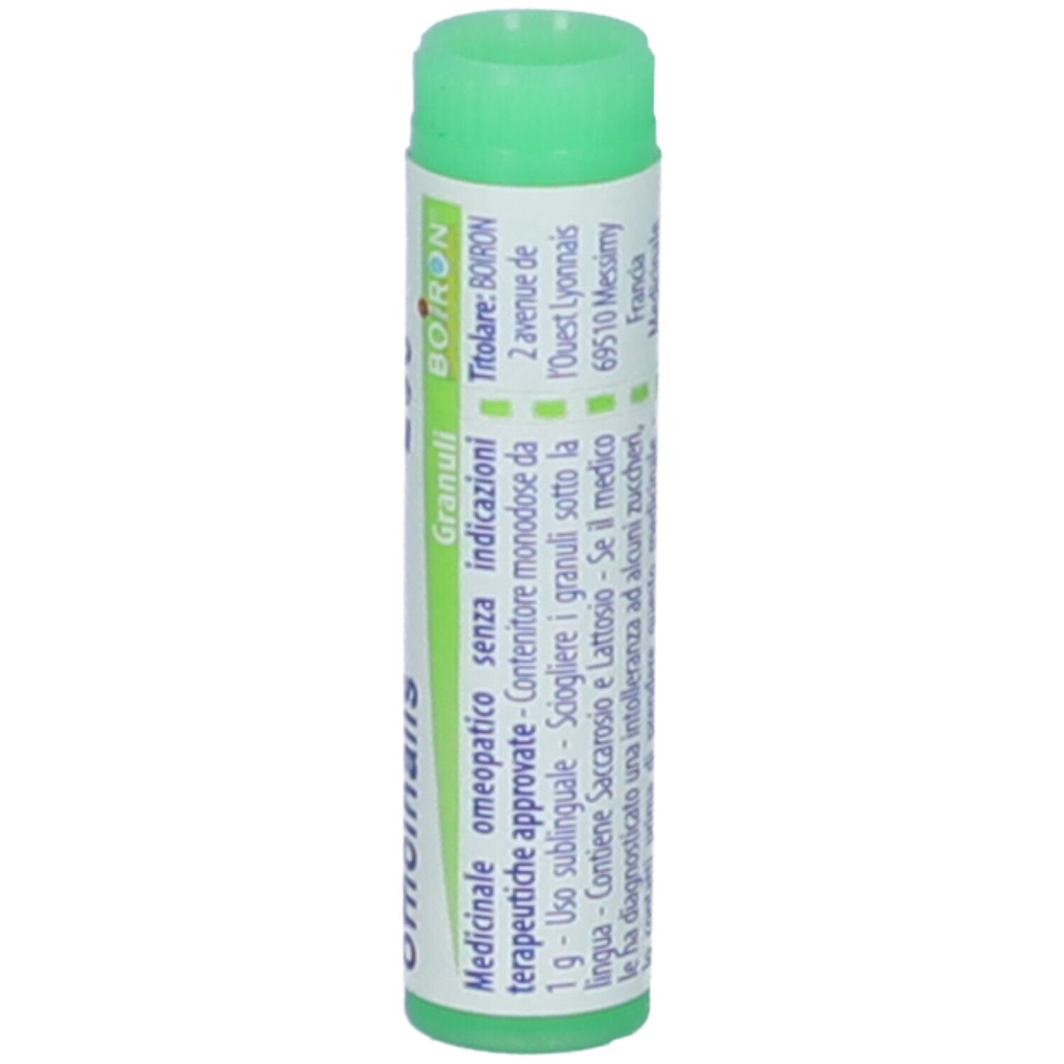 Confezione cilindrica con tappo verde. Scritta: Calendula officinalis, 200 ch, Boiron. Caratteri bianchi su sfondo bianco.