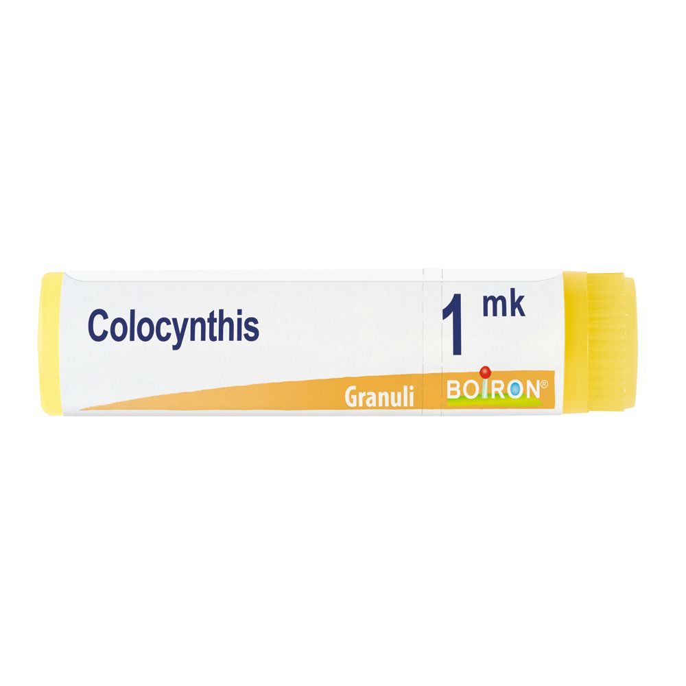 Confezione cilindrica con estremità gialle. Scritta: Colocynthis, 1 mk, Granuli, BOIRON.