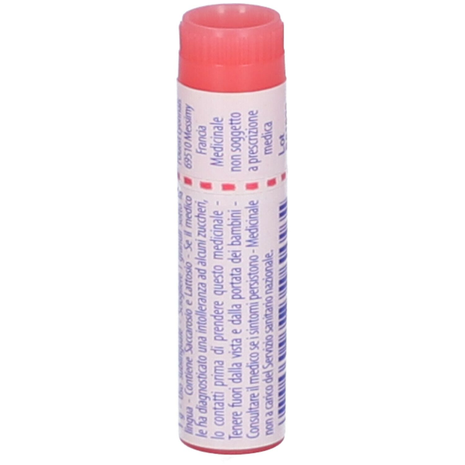 Confezione cilindrica con tappo rosso. Scritta: Spongia tosta, 200k, EXP 11/2027, Boiron Granuli, testo.