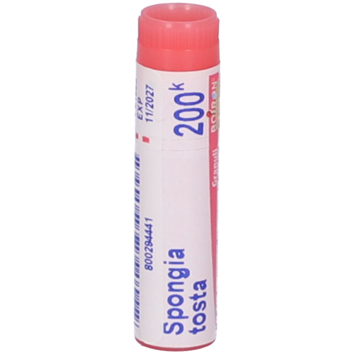Confezione cilindrica con tappo rosso. Scritta: Spongia tosta, 200k, EXP 11/2027, Boiron Granuli.