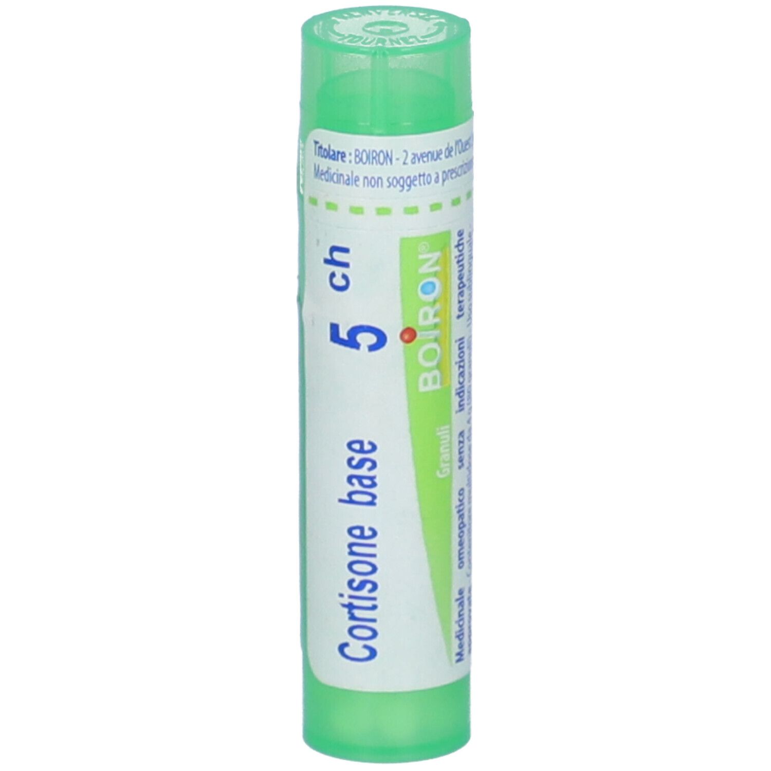 Confezione cilindrica verde. Scritta: Cortisone base, 5 ch, BOIRON, Granuli. Stampe.