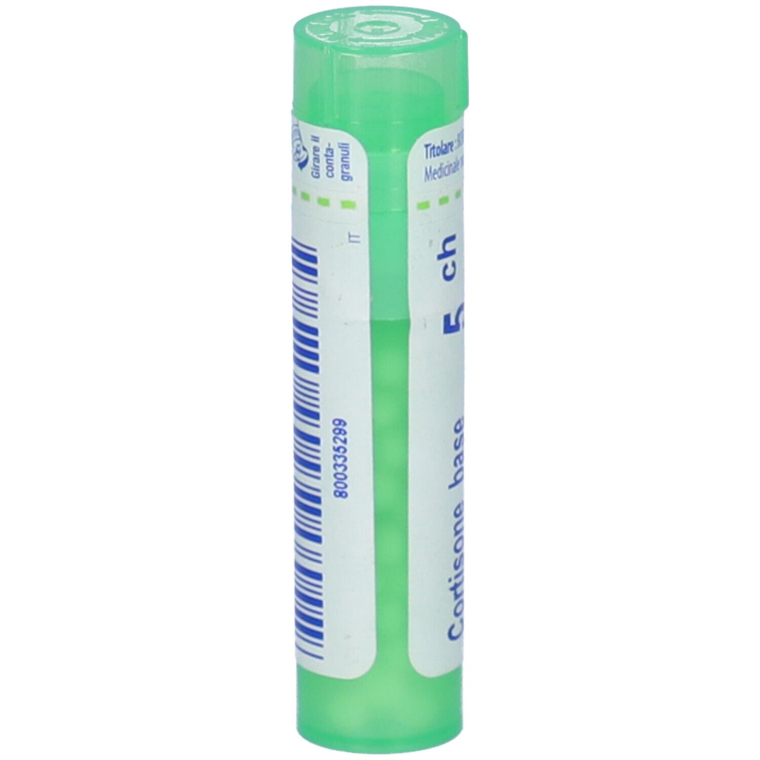 Confezione cilindrica verde. Adesivo con codice a barre e numero 800335299. Testo.
