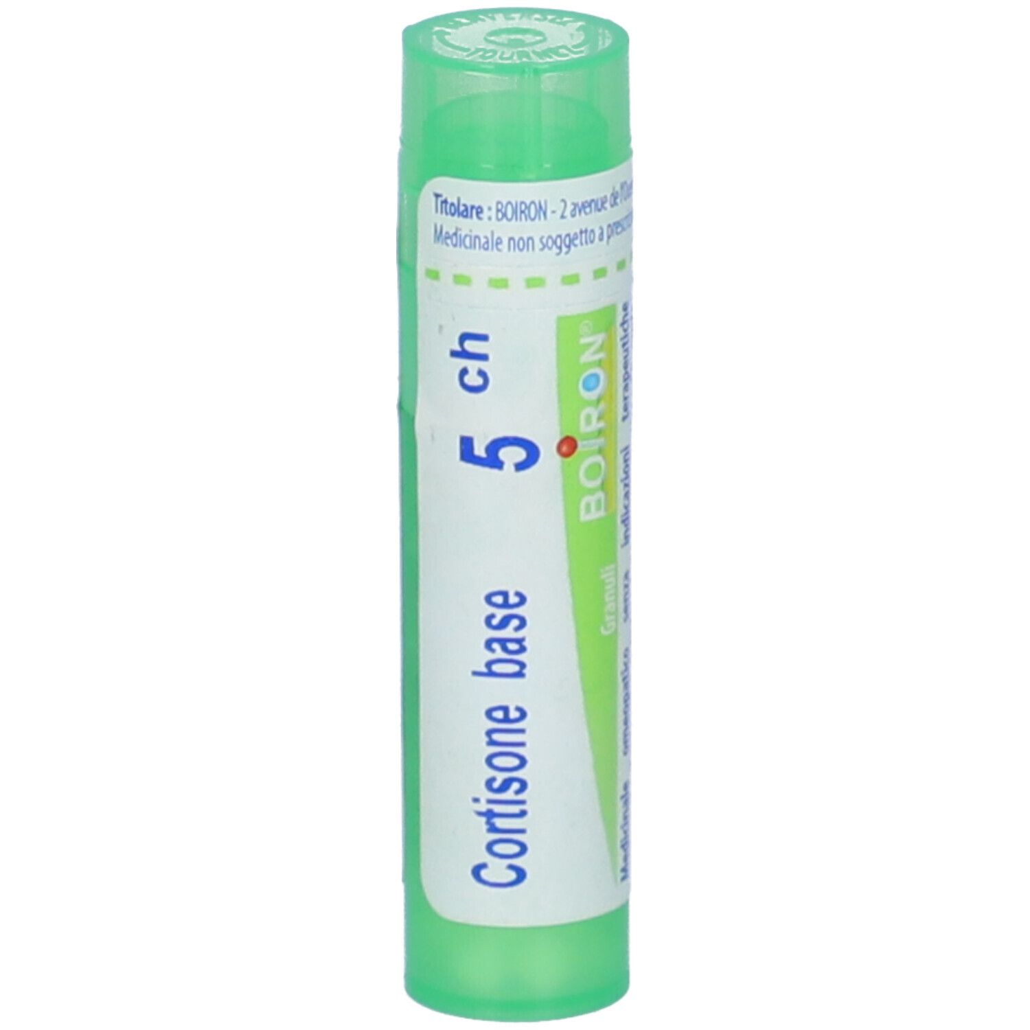 Confezione cilindrica verde. Scritta: Cortisone base, 5 ch, BOIRON, Granuli.