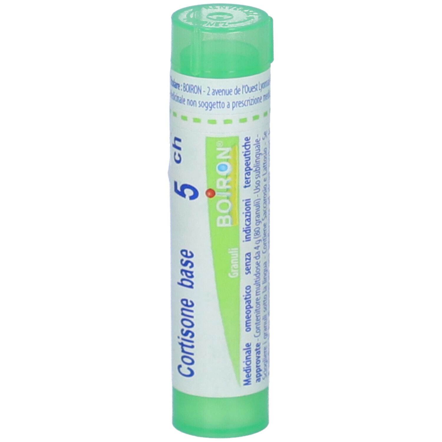 Confezione cilindrica verde. Scritta: Cortisone base, 5 ch, BOIRON, Granuli. Informazioni aggiuntive.