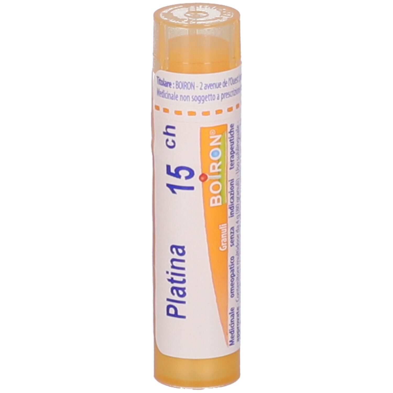 Confezione cilindrica bianco-gialla con "Platina 15 ch" e logo Boiron. Coperchio trasparente.