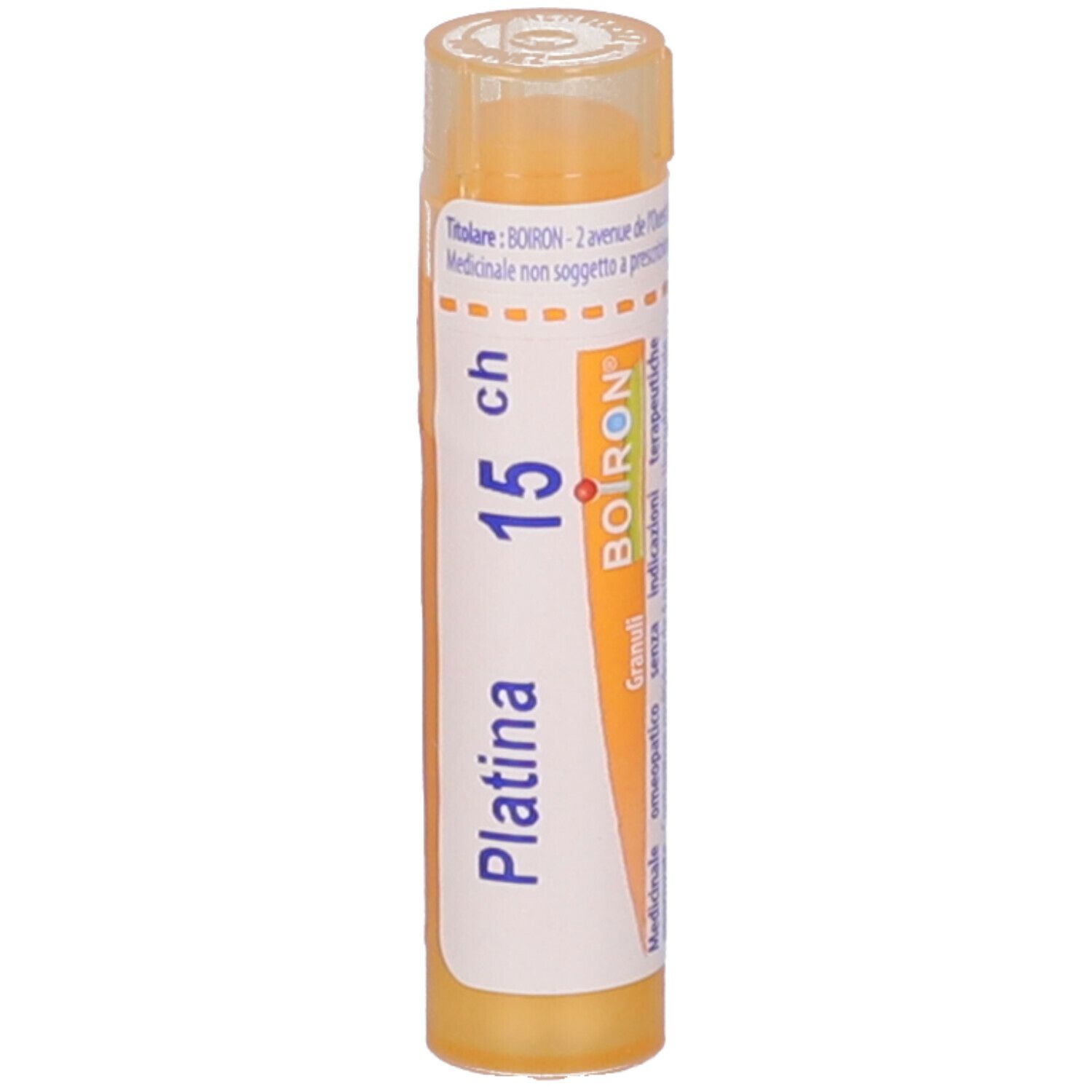Confezione cilindrica bianco-gialla con "Platina 15 ch" e logo Boiron.