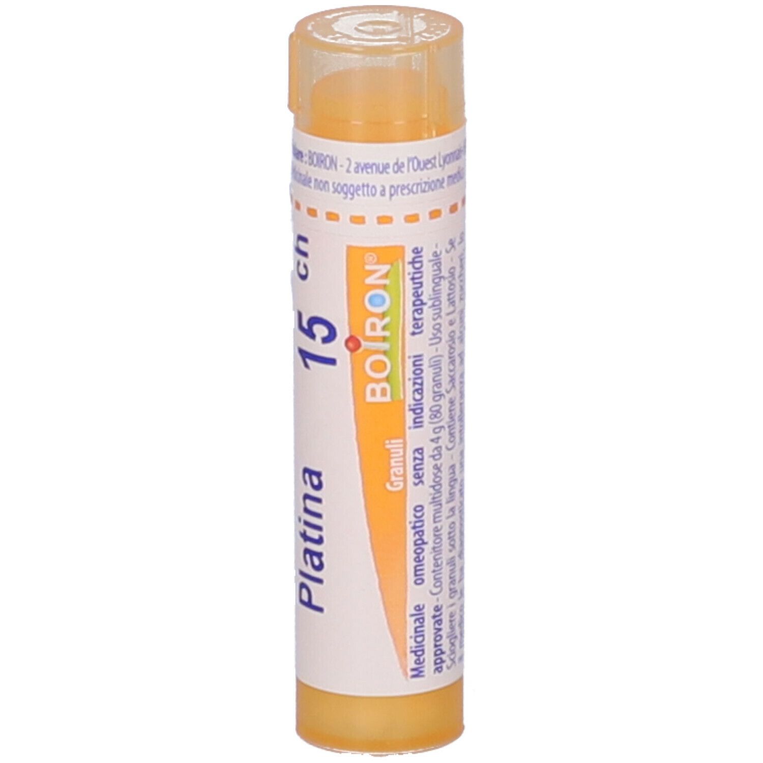 Confezione cilindrica bianco-gialla con "Platina 15 ch" e logo Boiron. Informazioni aggiuntive.