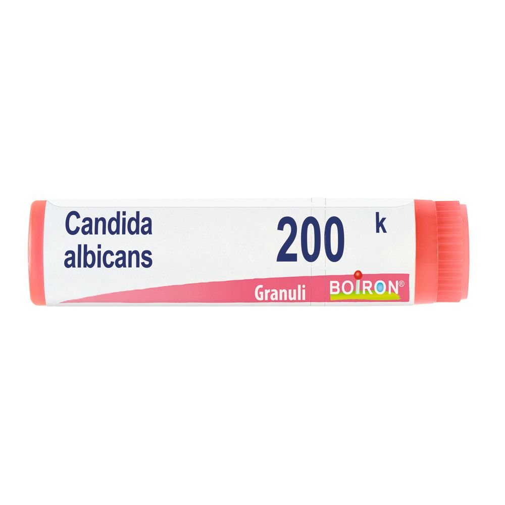 Confezione cilindrica con tappo rosa. Scritta: Candida albicans, 200k, Granuli, BOIRON.