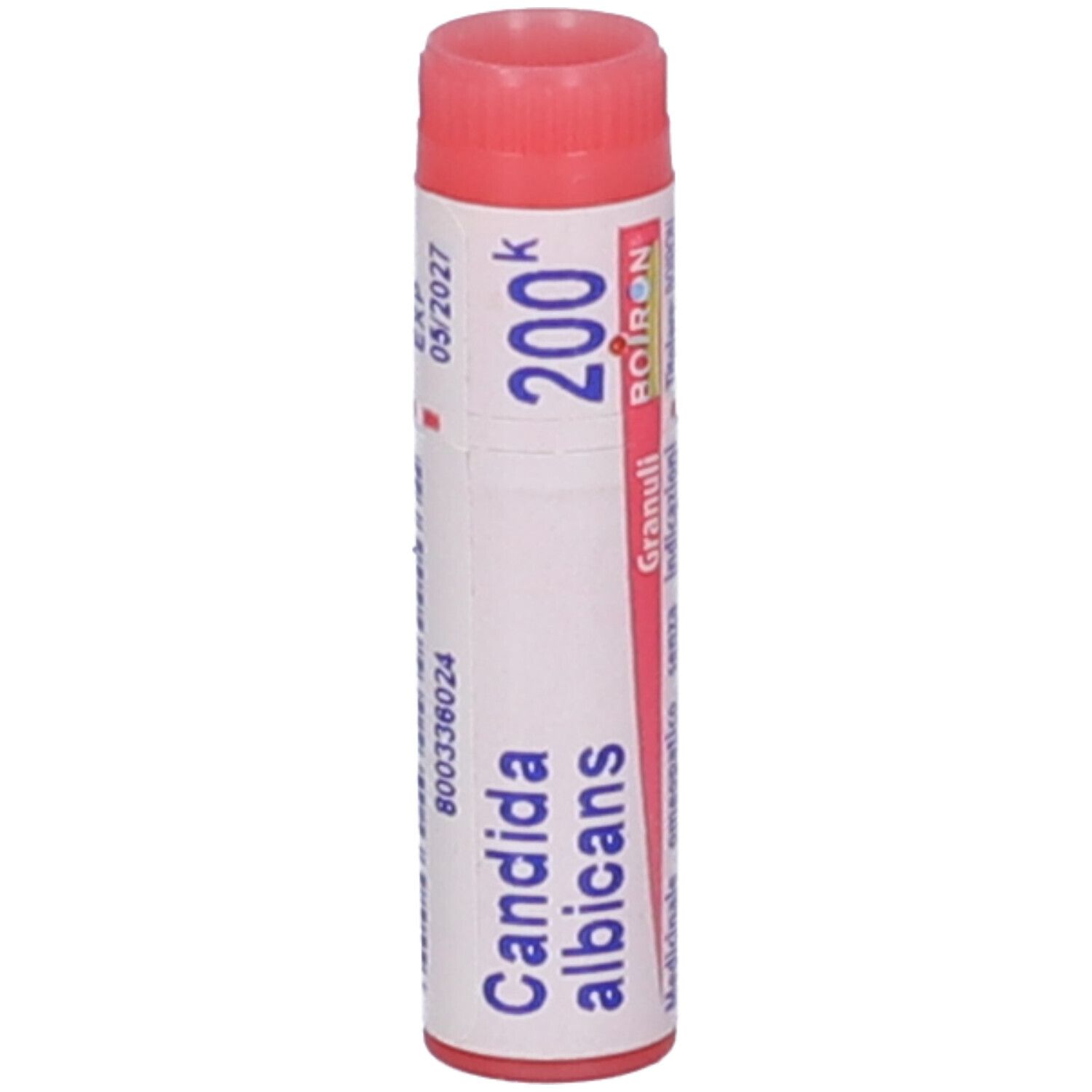 Confezione cilindrica, tappo rosa. Scritta: Candida albicans, 200k, EXP 05/2027, BOIRON.