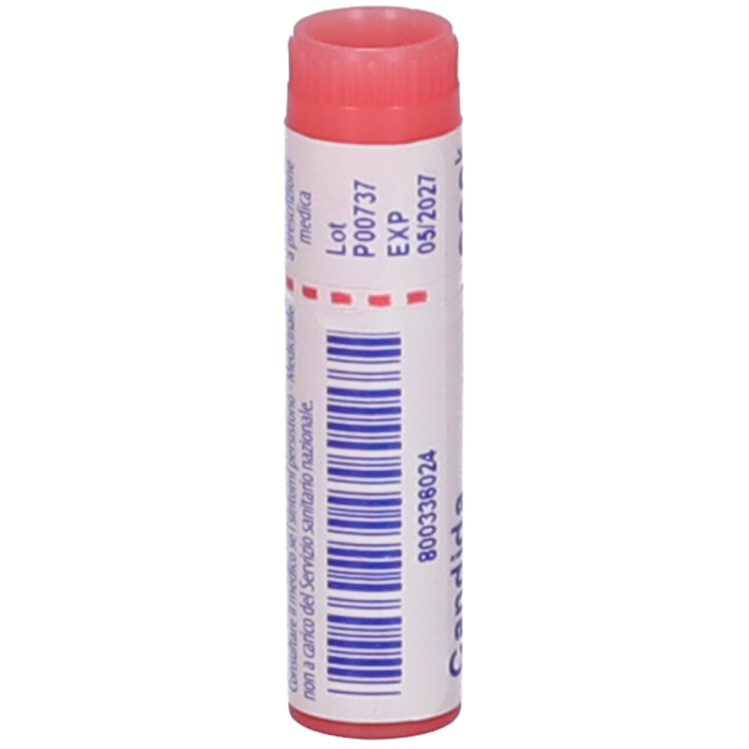 Confezione cilindrica, tappo rosa. Codice a barre e testo: Candida albicans, 800336024.