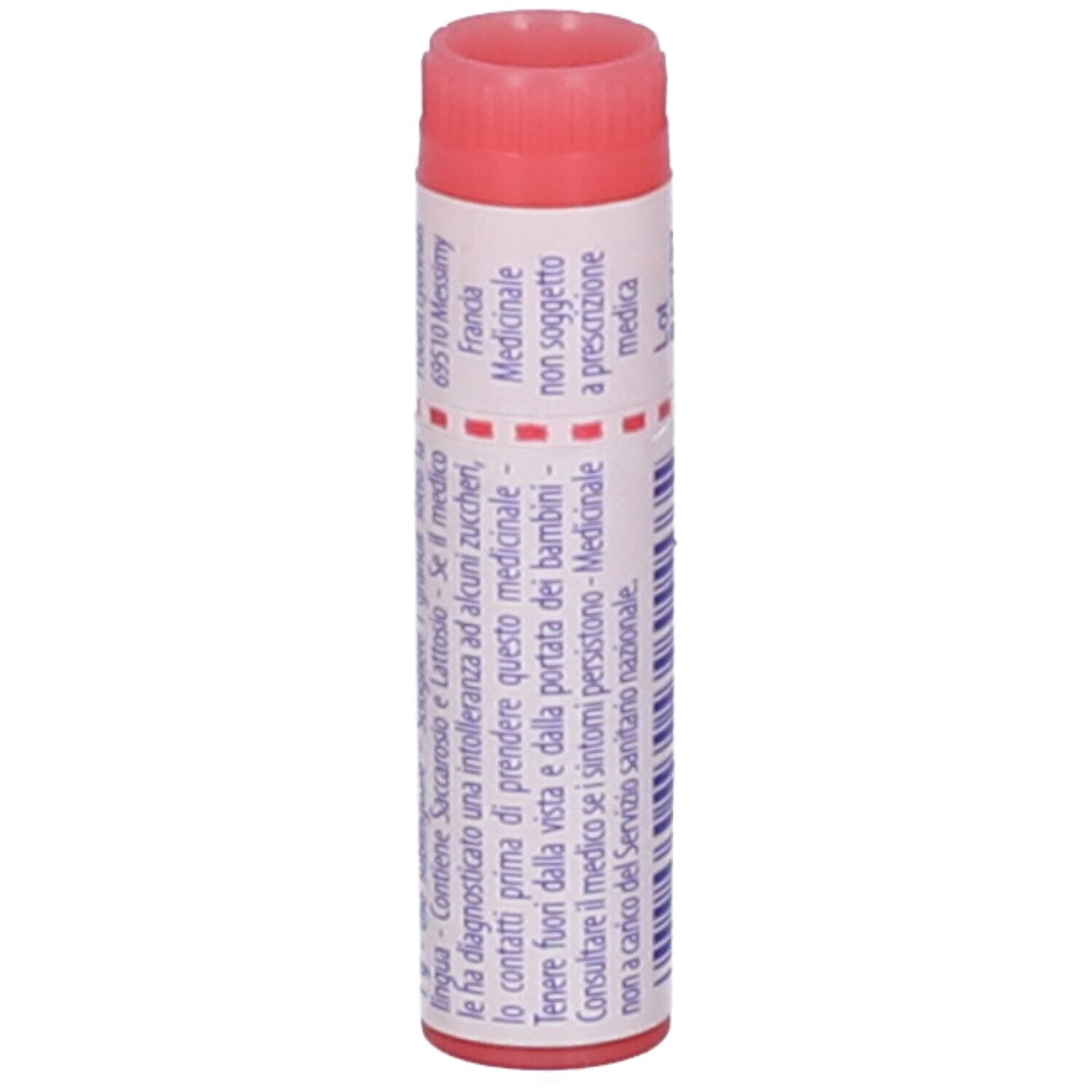 Confezione cilindrica, tappo rosa. Testo: Medicinale, non soggetto a prescrizione.
