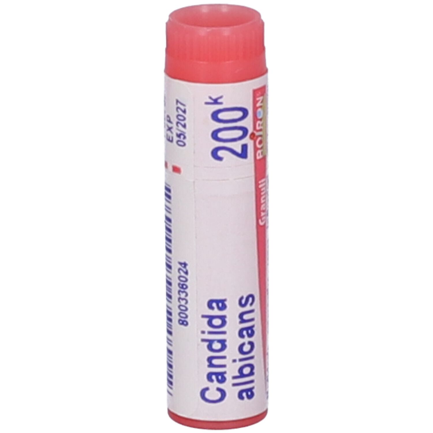 Confezione cilindrica, tappo rosa. Scritta: Candida albicans, 200k, EXP 05/2027, BOIRON.