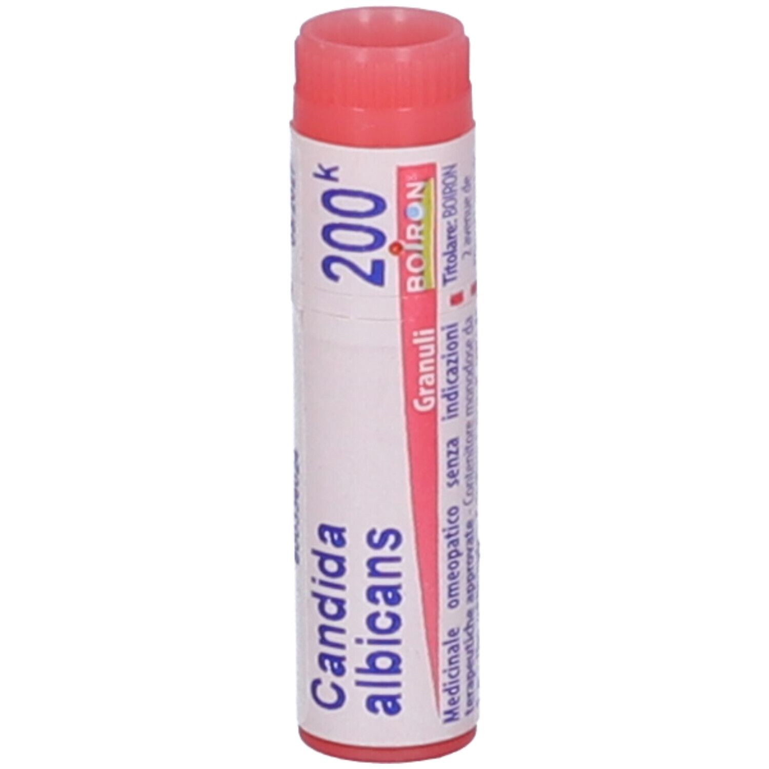 Confezione cilindrica, tappo rosa. Scritta: Candida albicans, 200k, BOIRON, Granuli.