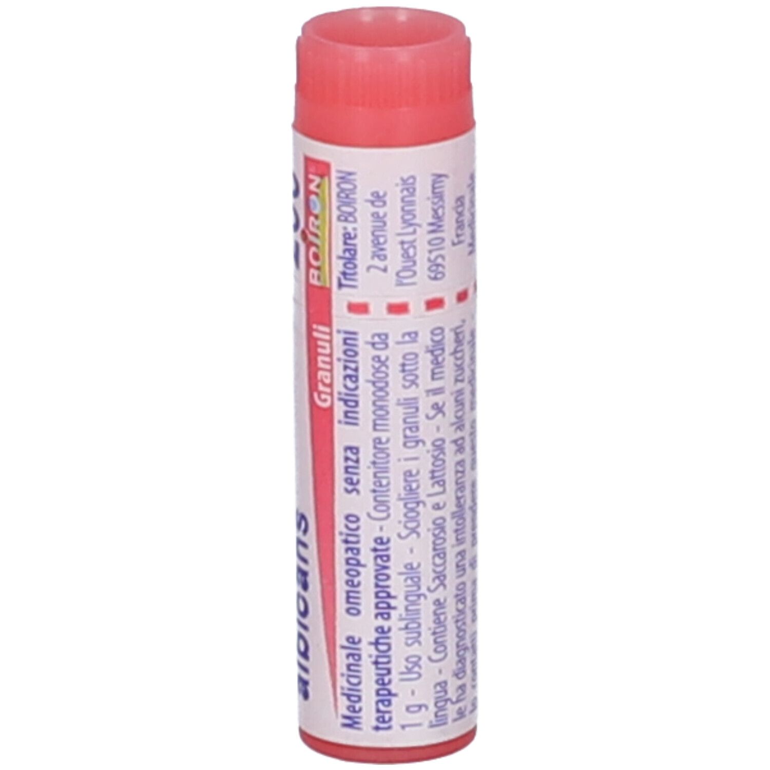 Confezione cilindrica, tappo rosa. Scritta: Candida albicans, BOIRON, Granuli, Indirizzo.