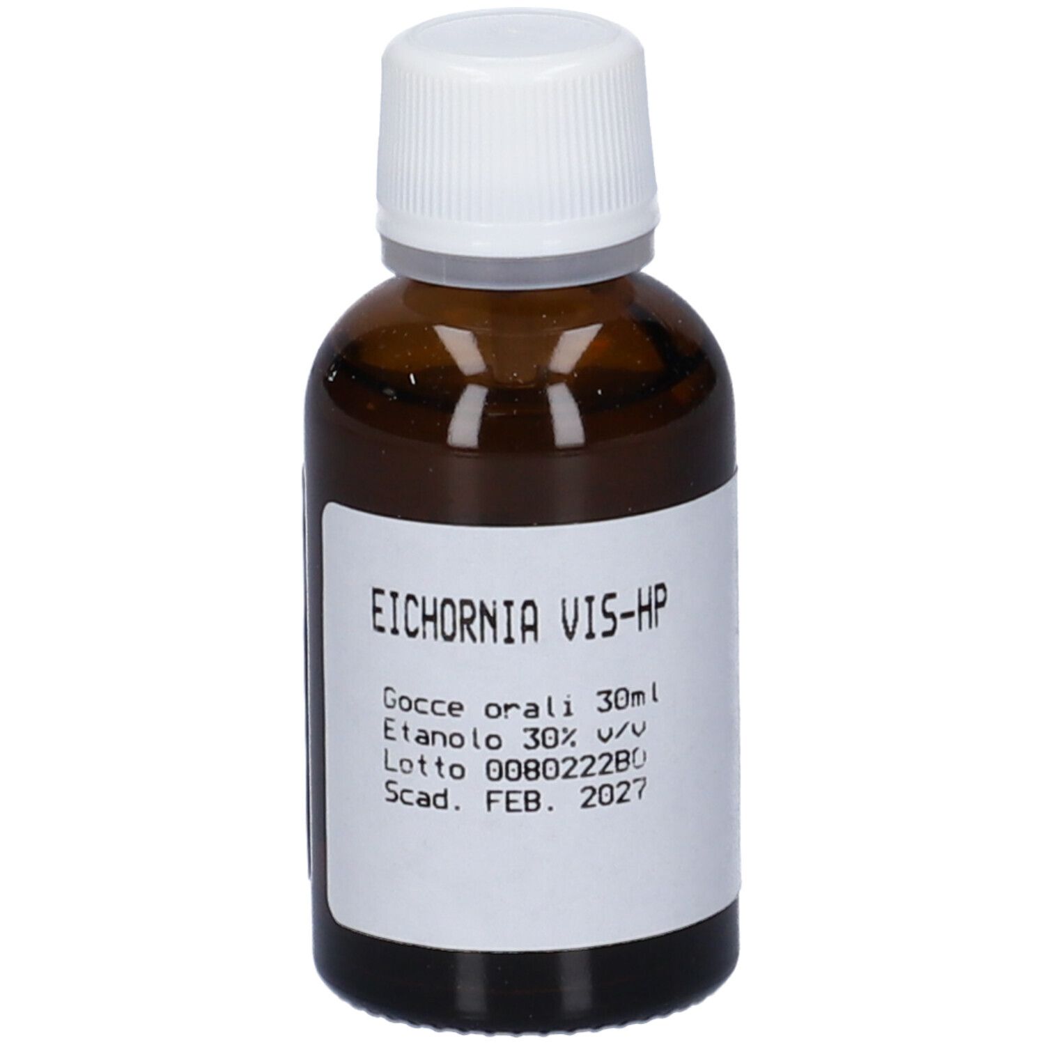 Flacone di vetro marrone con tappo bianco. Etichetta con testo: Eichornia Vis-Hp, Gocce orali, 30ml, Etanolo 30% v/v, Lotto 008022280, Scad. FEB. 2027.