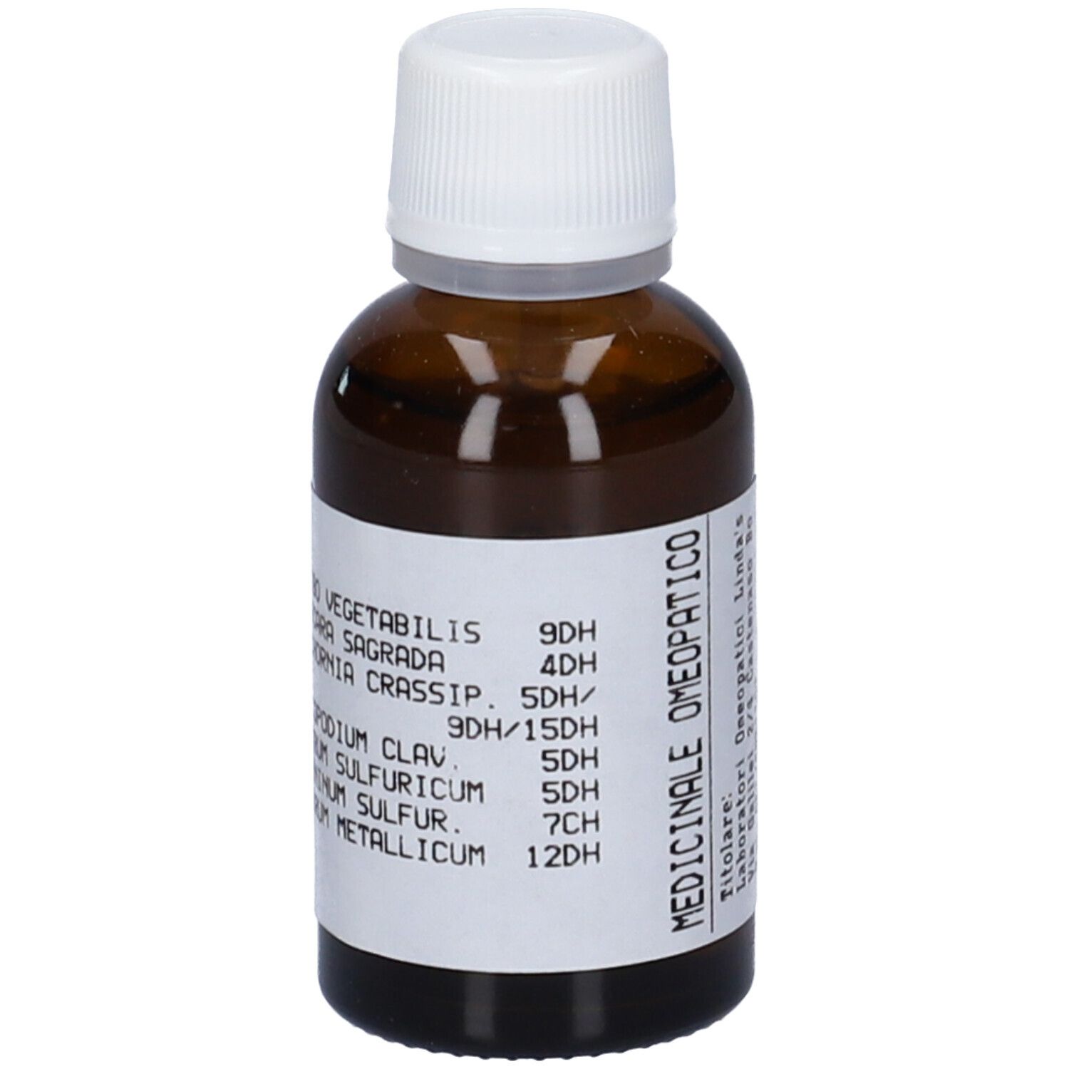 Flacone di vetro marrone con tappo bianco. Etichetta con testo: Medicinale Omeopatico, ingredienti e dosaggi.